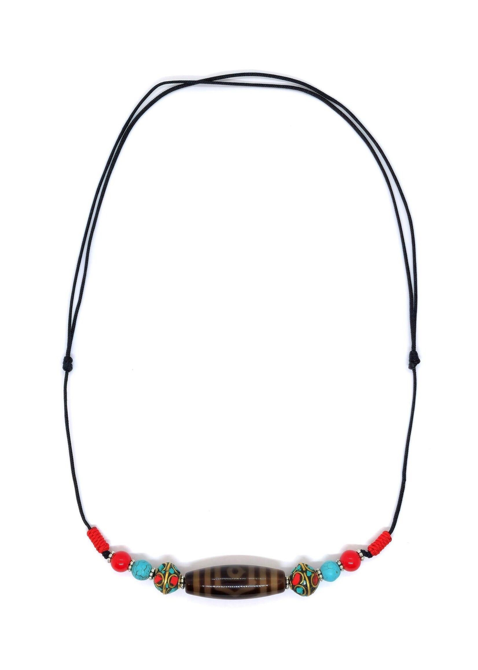 Collier à pendentifs en perles tibétaines Dzi à 3 yeux avec turquoise et corail rouge
