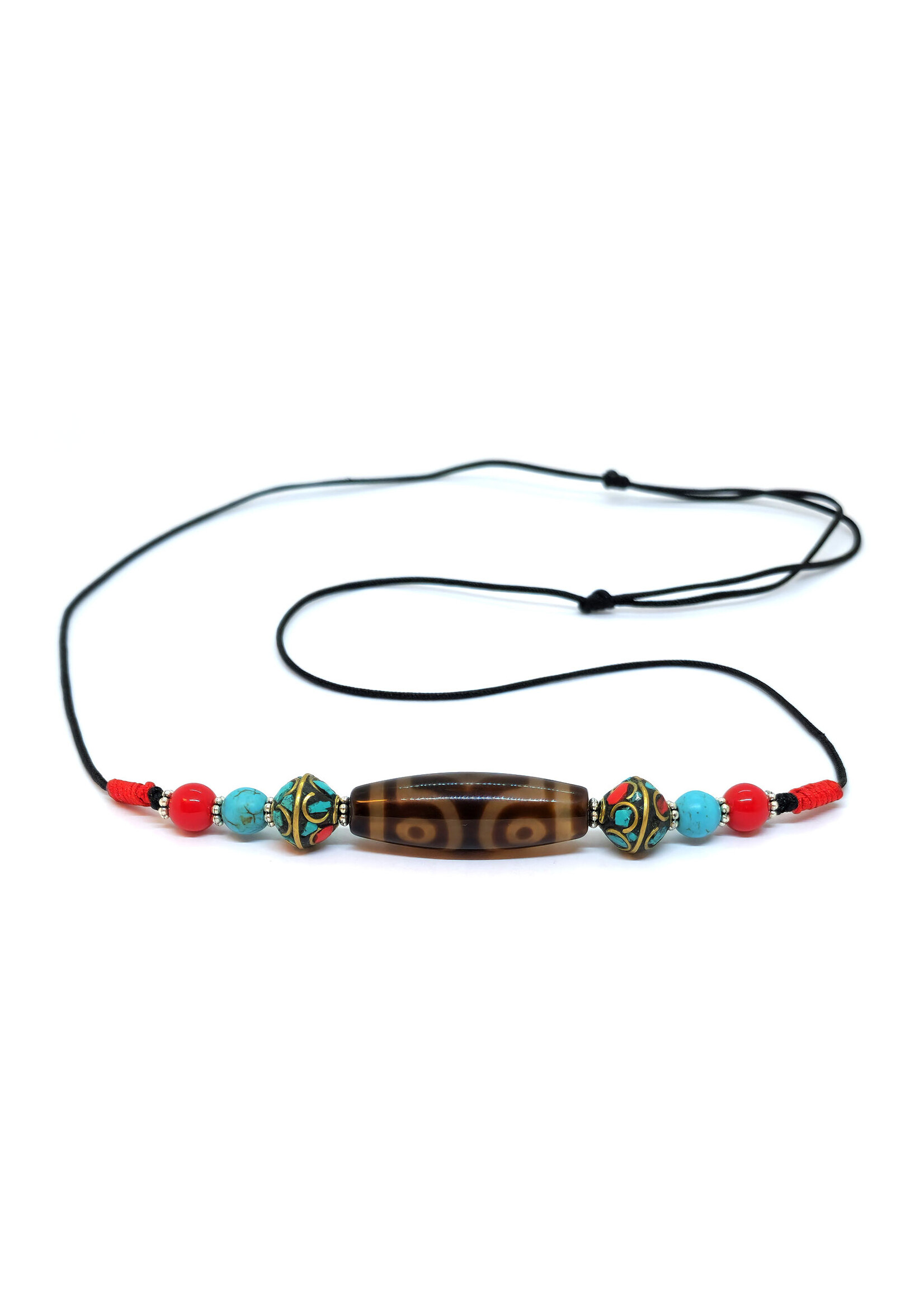 3-Eye Tibetan Dzi Bead Pendant Necklace with Turquoise and Red Coral