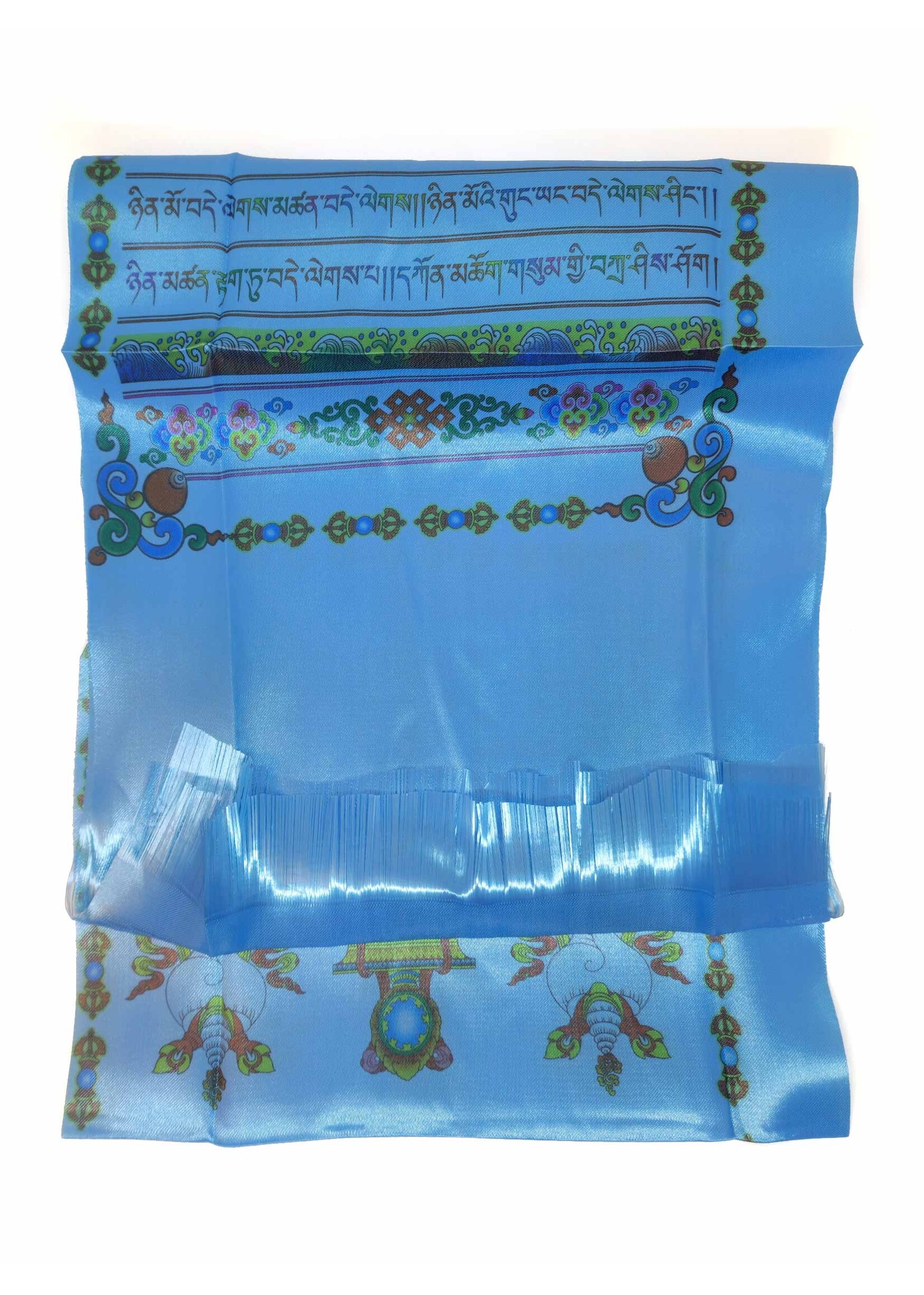 Khata - Tibetan Greeting and Prayer Scarf with Auspicious Symbols, blue, 140 x 29 cm