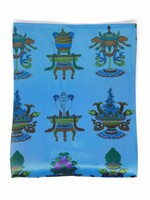 Khata - Écharpe tibétaine de salutations et de prières avec symboles auspicieux, bleu, 140 x 29 cm