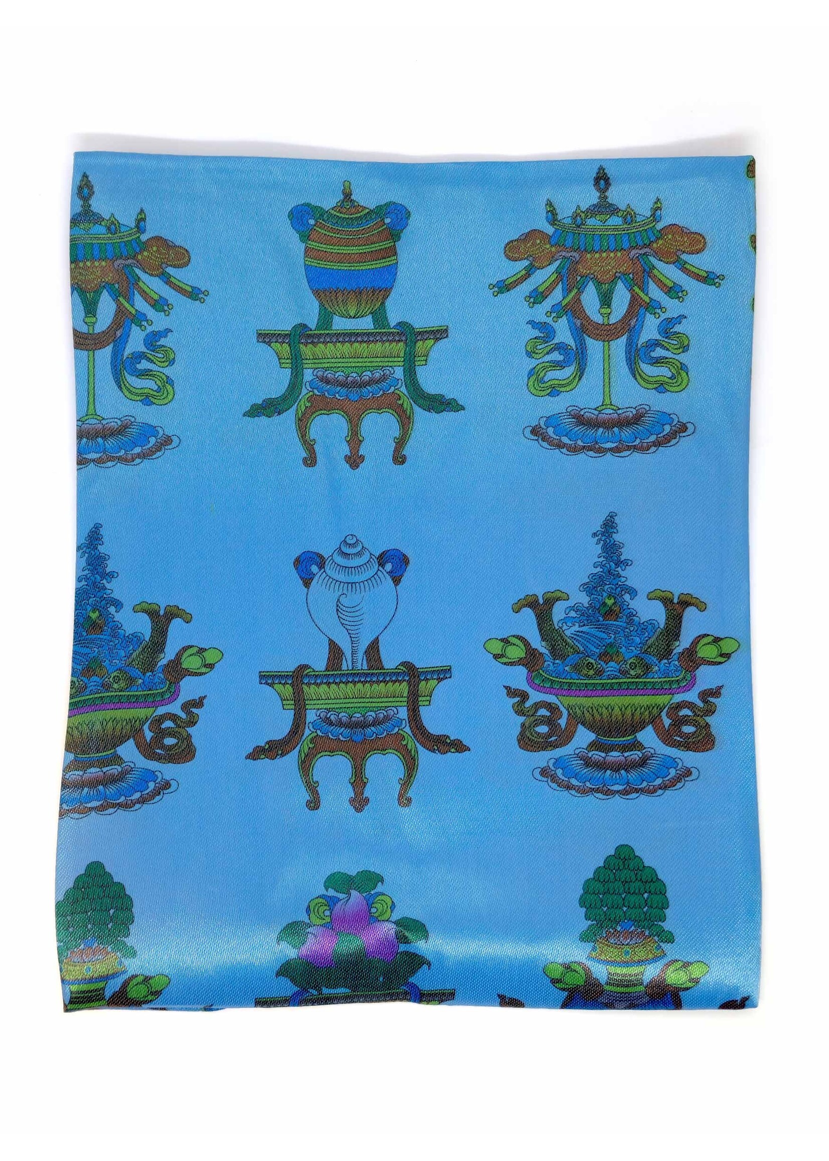 Khata - Tibetan Greeting and Prayer Scarf with Auspicious Symbols, blue, 140 x 29 cm