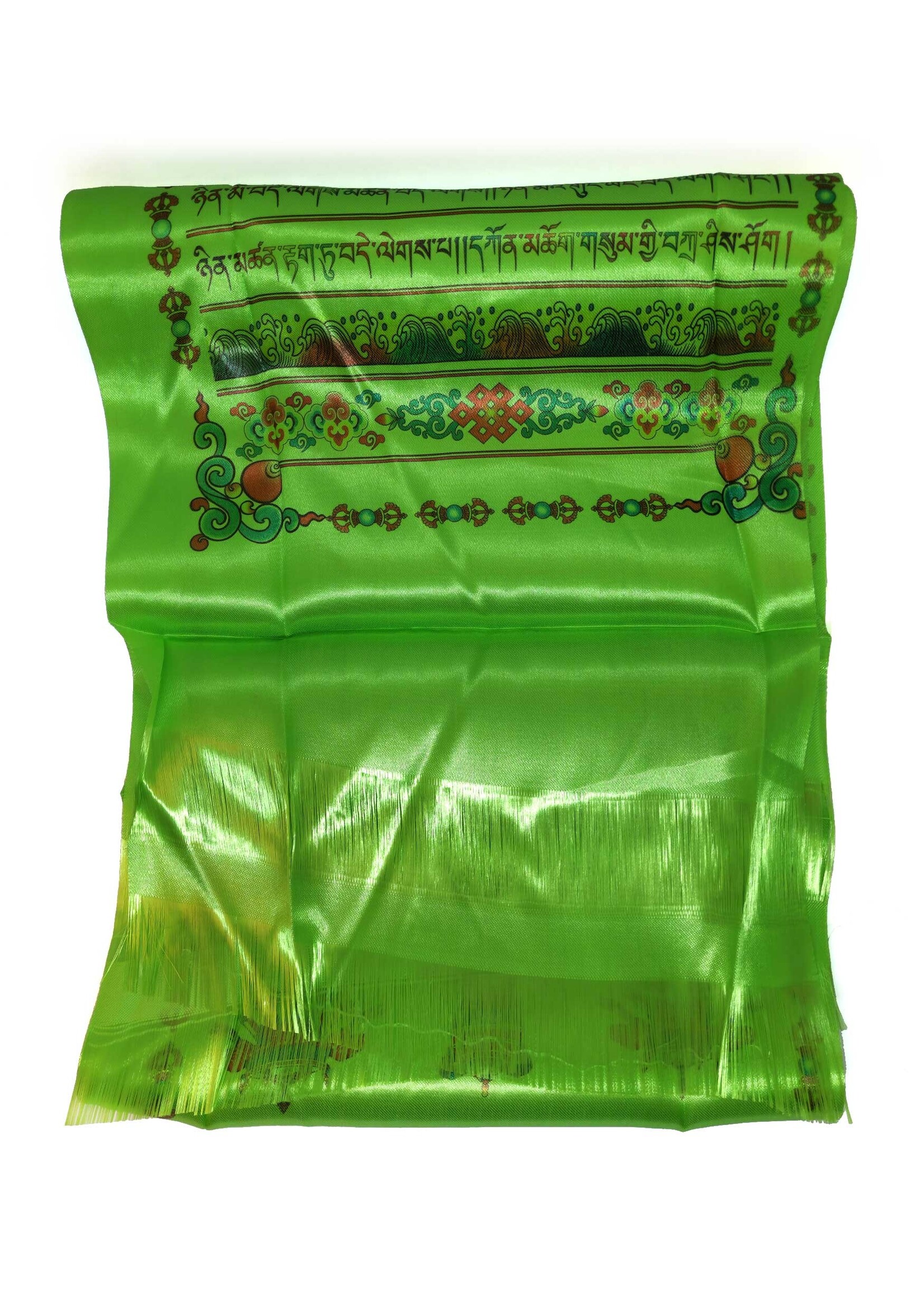 Khata - Tibetan Greeting and Prayer Scarf with Auspicious Symbols, green, 140 x 29 cm