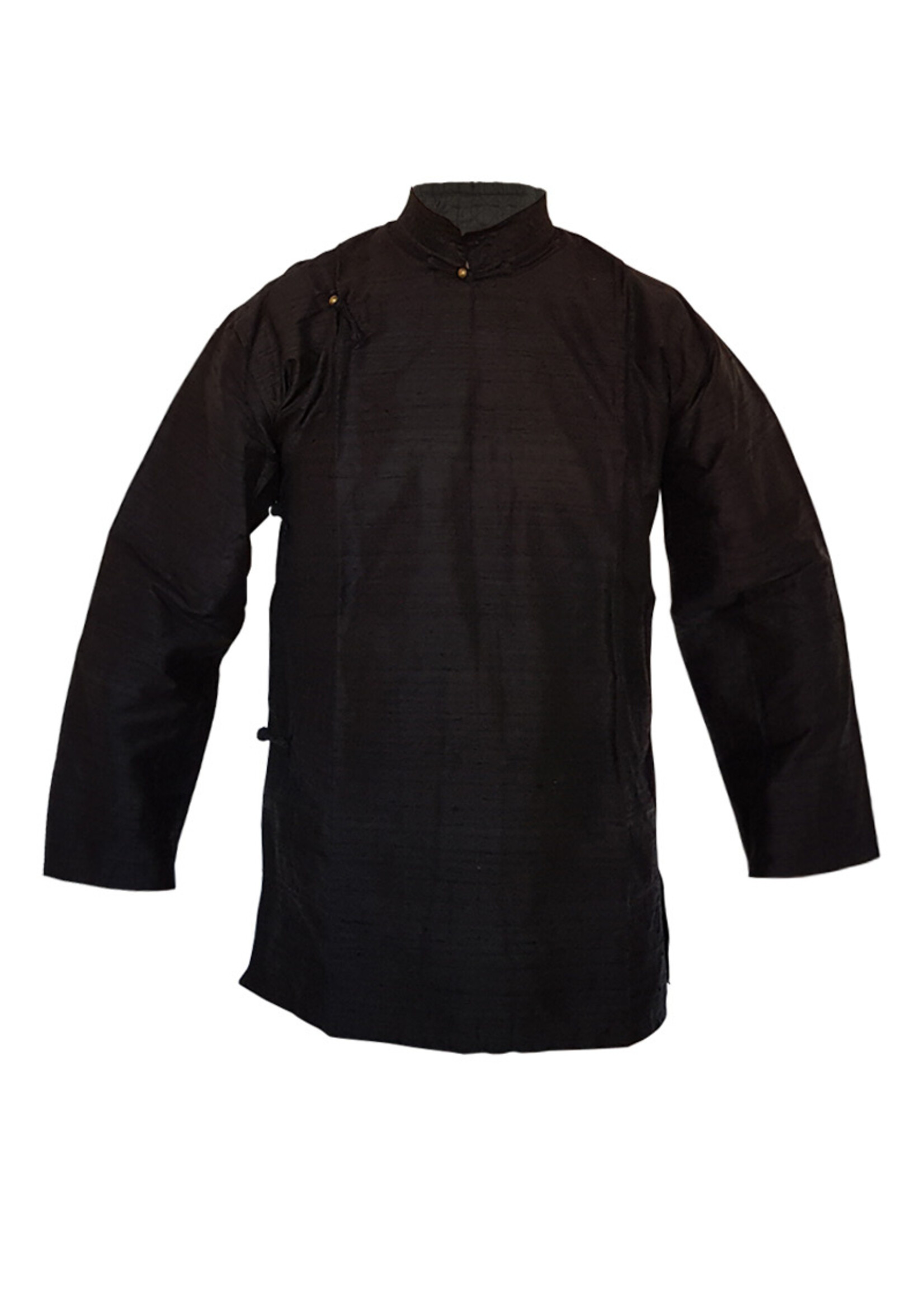 Black Tibetan Shirt in Raw Silk, Classic & Handcrafted