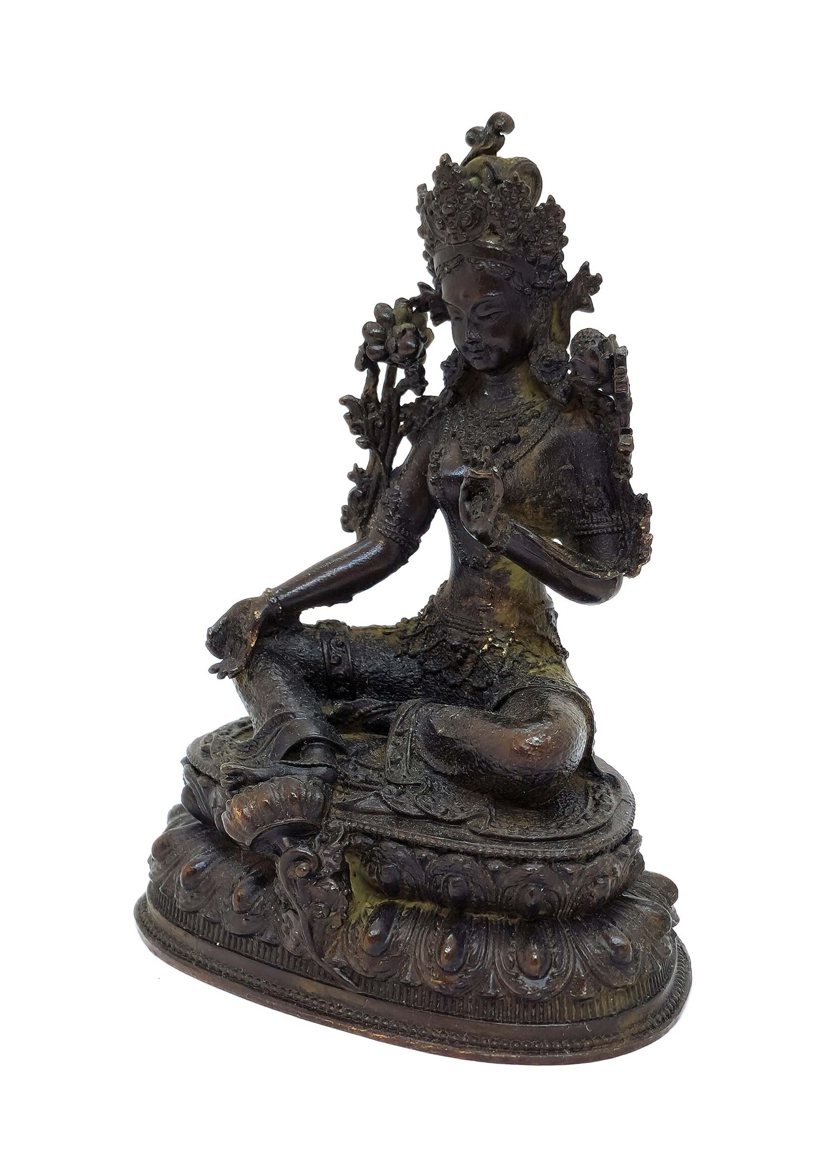 Tibetan Green Tara Statue, Copper Figurine of the Goddess of Compassion, 9.5 cm