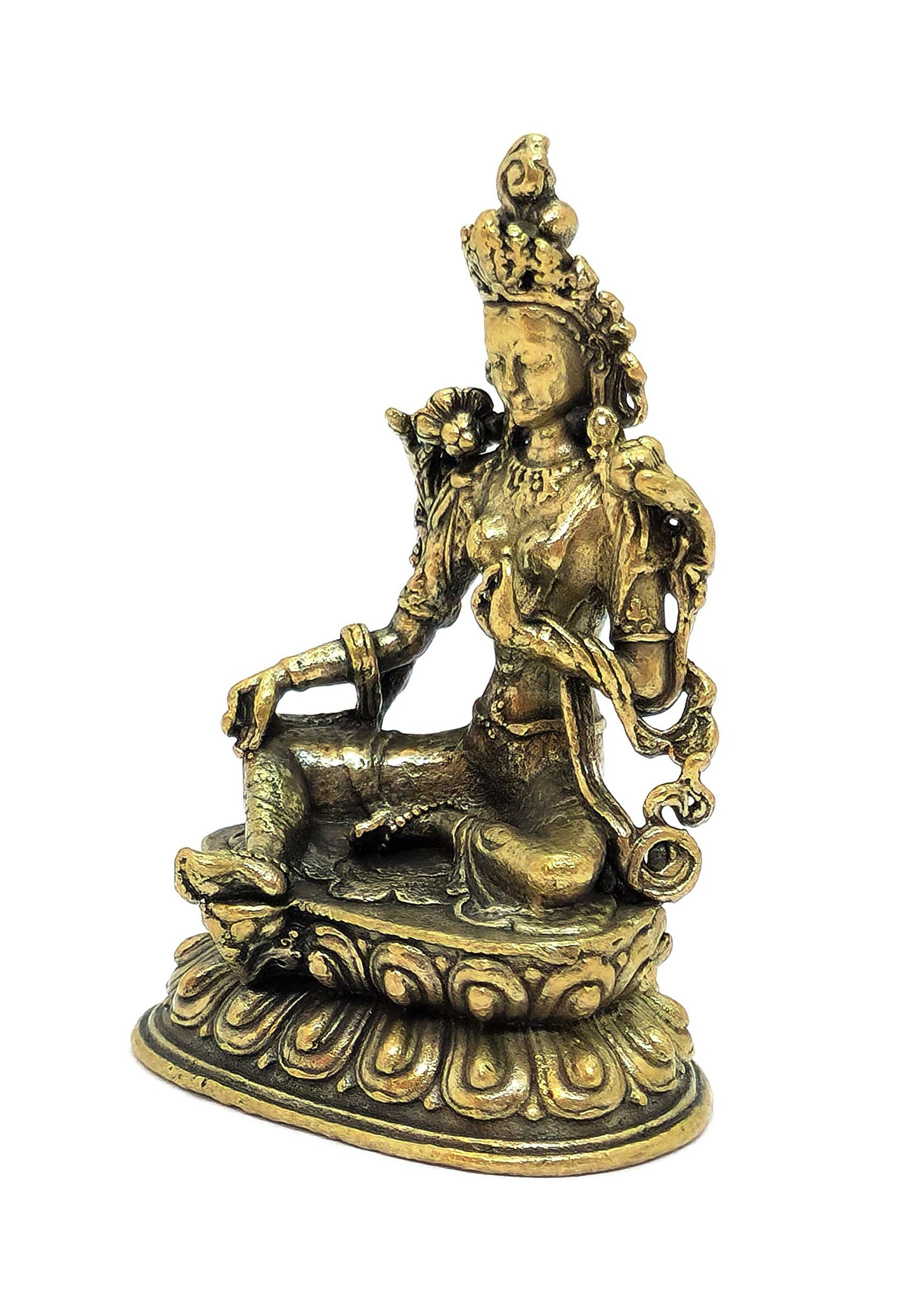 Kleine Grüne Tara Statue aus Messing, Symbol weiblicher Weisheit, Schutz und Mitgefühl, 5 cm