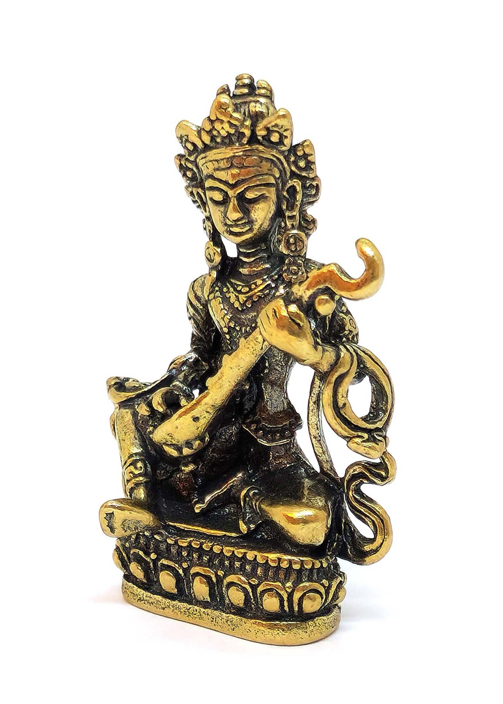 Mini statue de Yangchenma Saraswati en cuivre. Symbole de sagesse, musique et inspiration, 4cm