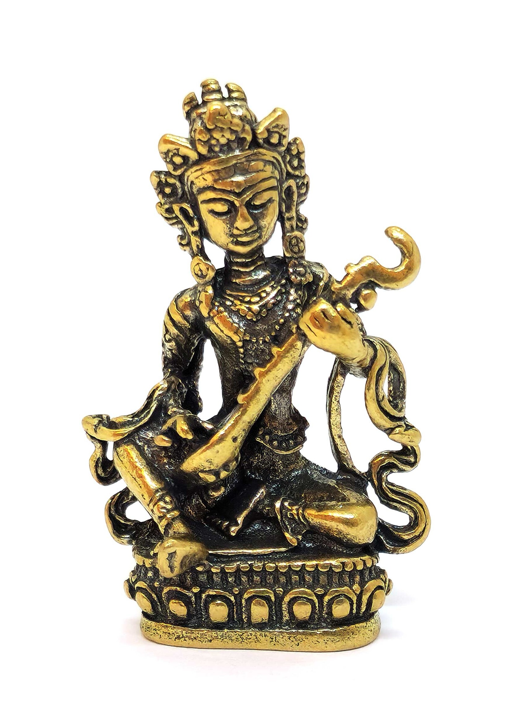 Mini statua di Yangchenma Saraswati in rame. Simbolo di saggezza, musica e ispirazione, 4cm
