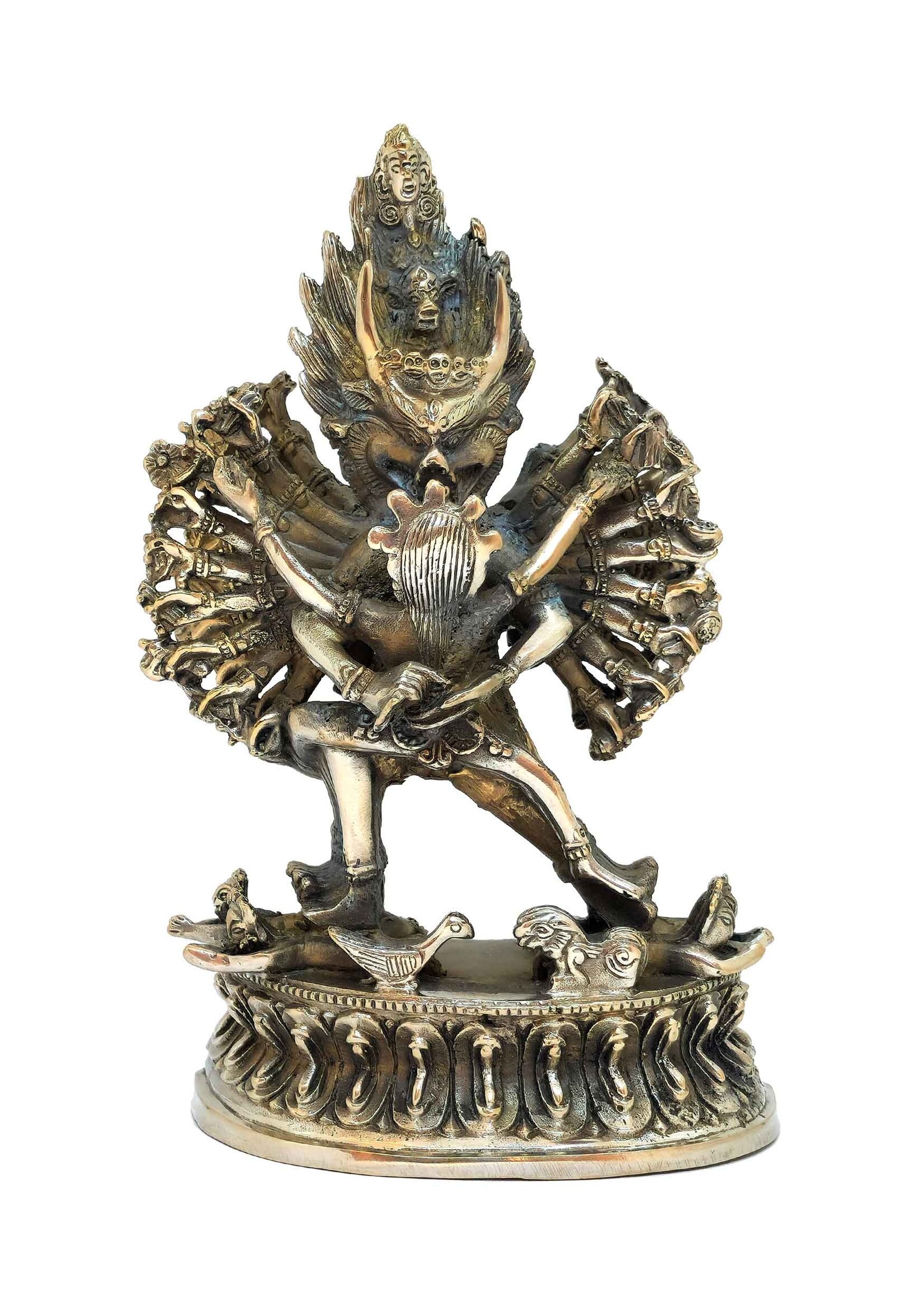 Statua tibetana Shinjé Shed Yab-Yum – Yamantaka e Vajravārāhī in unione, 17,5cm