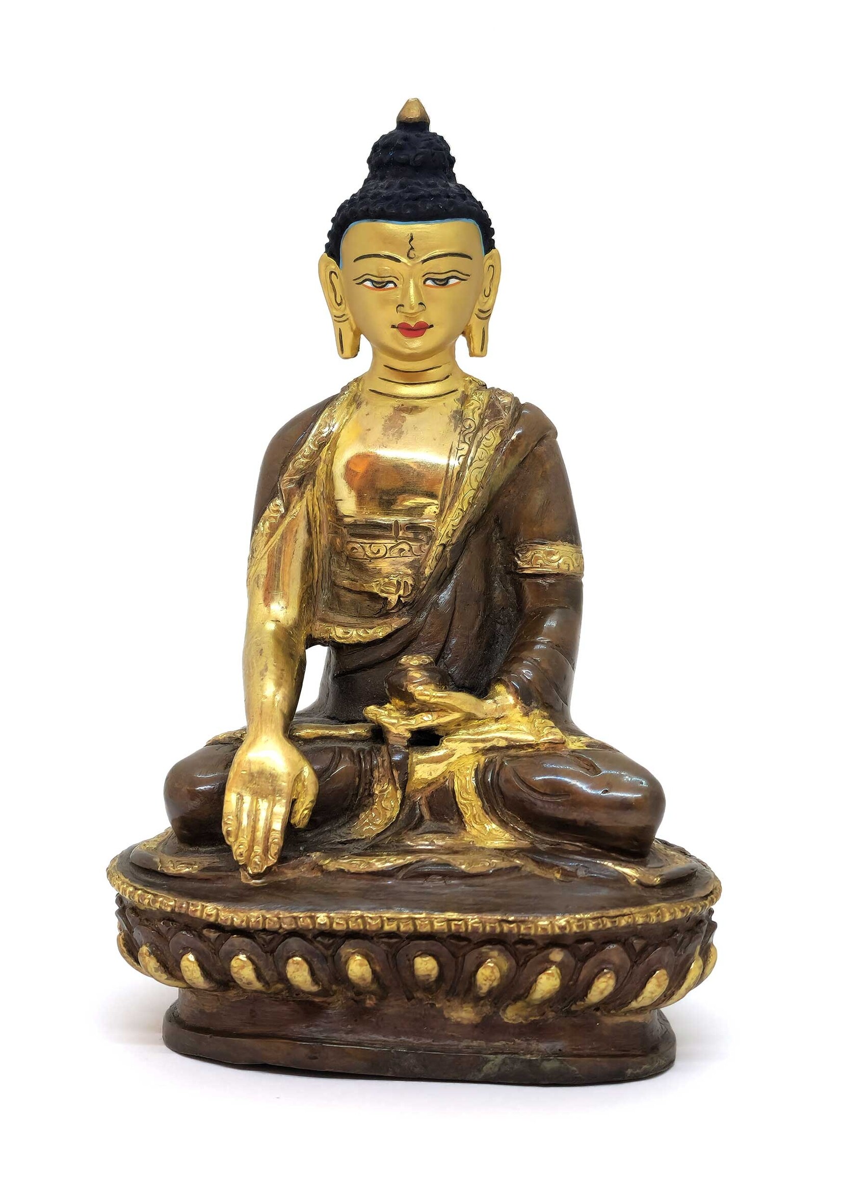 Statua tibetana del Buddha Shakyamuni, Fatta a mano in ottone e rame, parzialmente dorata, 15cm