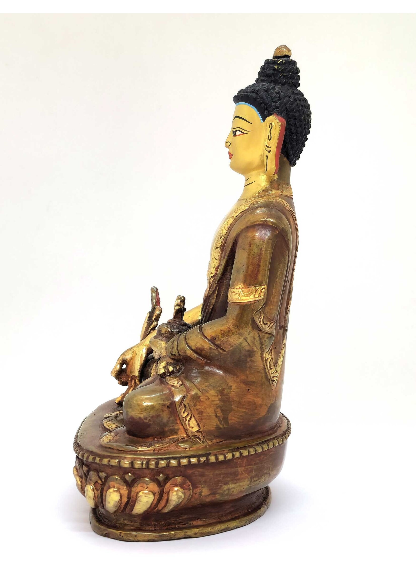 Statua tibetana del Buddha della Medicina, Fatta a mano in ottone e rame, parzialmente dorata, 15cm