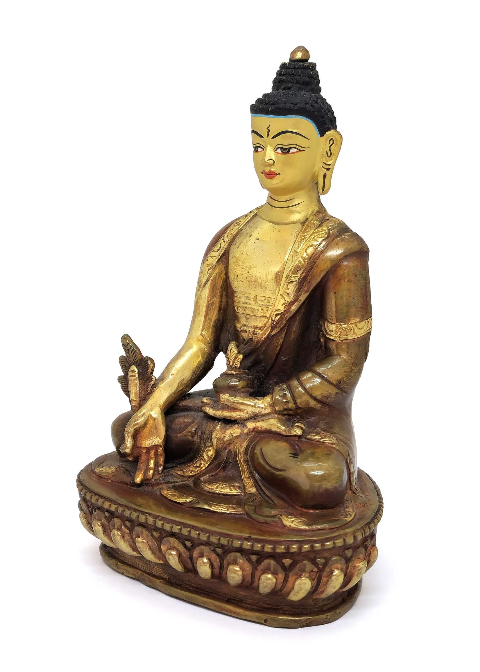Statua tibetana del Buddha della Medicina, Fatta a mano in ottone e rame, parzialmente dorata, 15cm