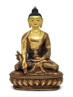 Statue tibétaine du Bouddha de Médecine, Faite à la main en laiton et en cuivre, partiellement dorée, 15 cm