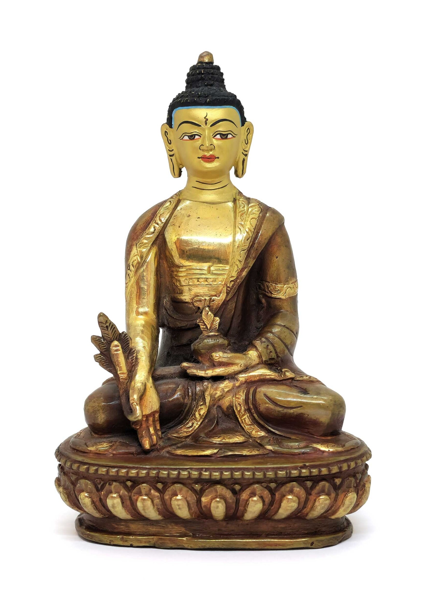 Statua tibetana del Buddha della Medicina, Fatta a mano in ottone e rame, parzialmente dorata, 15cm