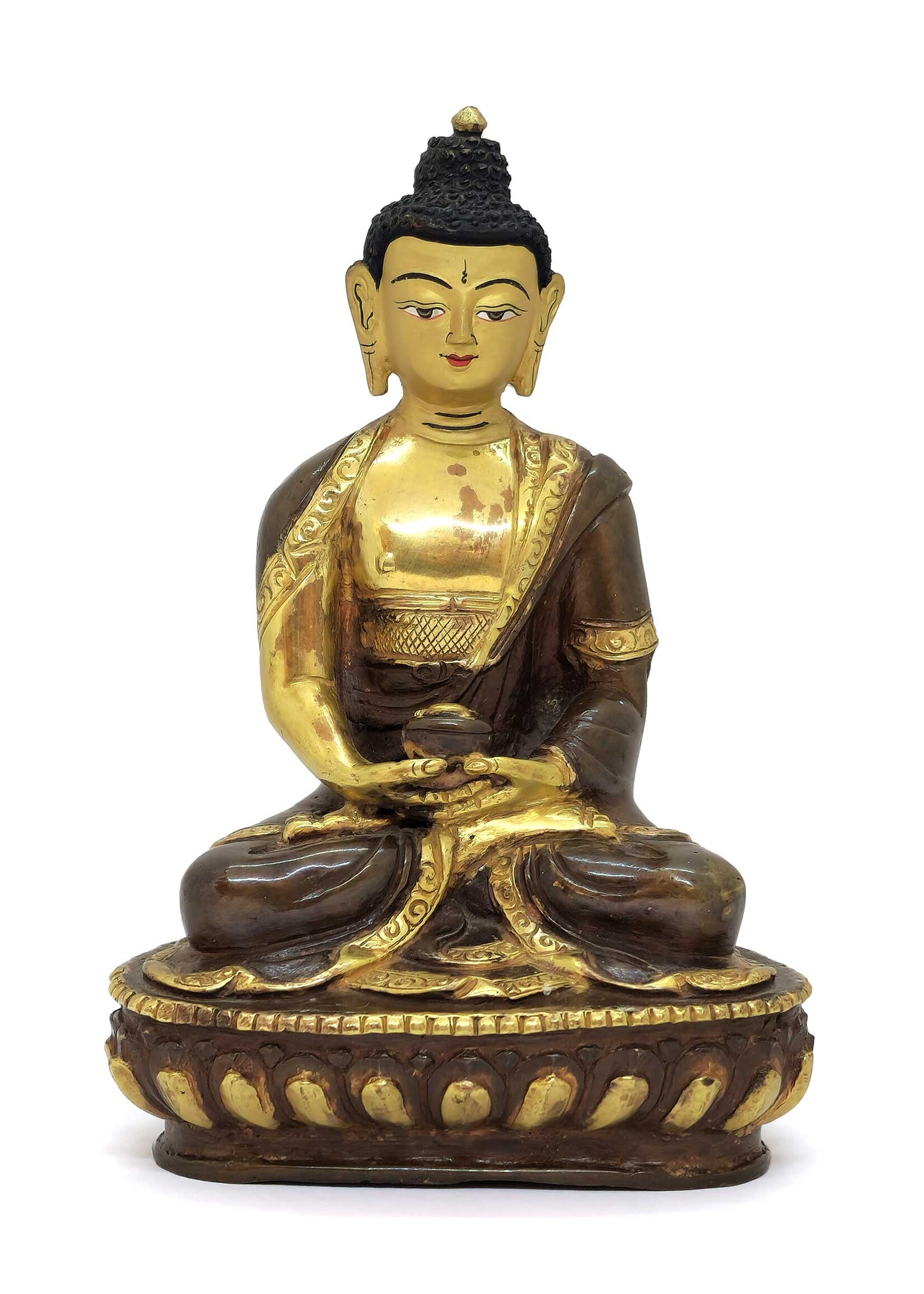 Tibetische Öpakmé Buddha Amitabha Statue, handgefertigt aus Messing und Kupfer, teils vergoldet, 14cm
