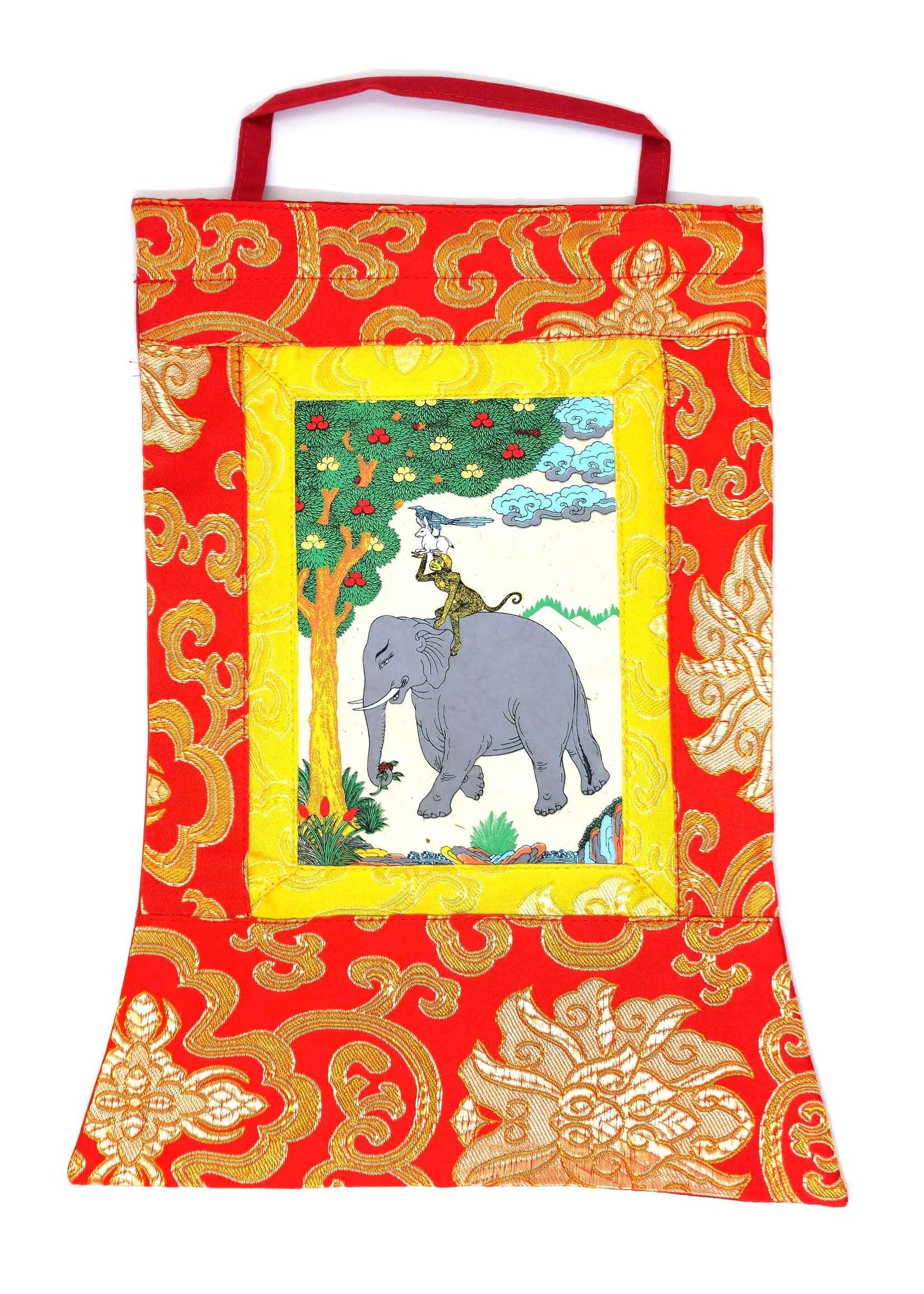 Thangka tibetano "I quattro amici armoniosi", stampato a mano su carta di riso, Mini