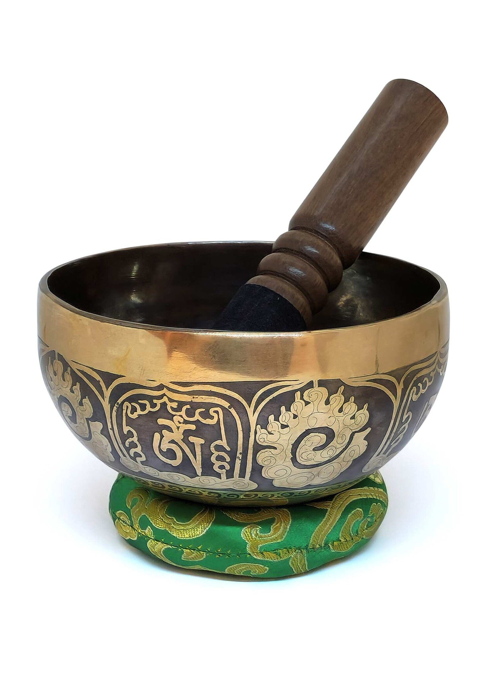 Tibetan Handcrafted Singing Bowl "Om Ah Hum Rhi" Mantra, 3-Piece Set, Ø 14cm, 460–500g