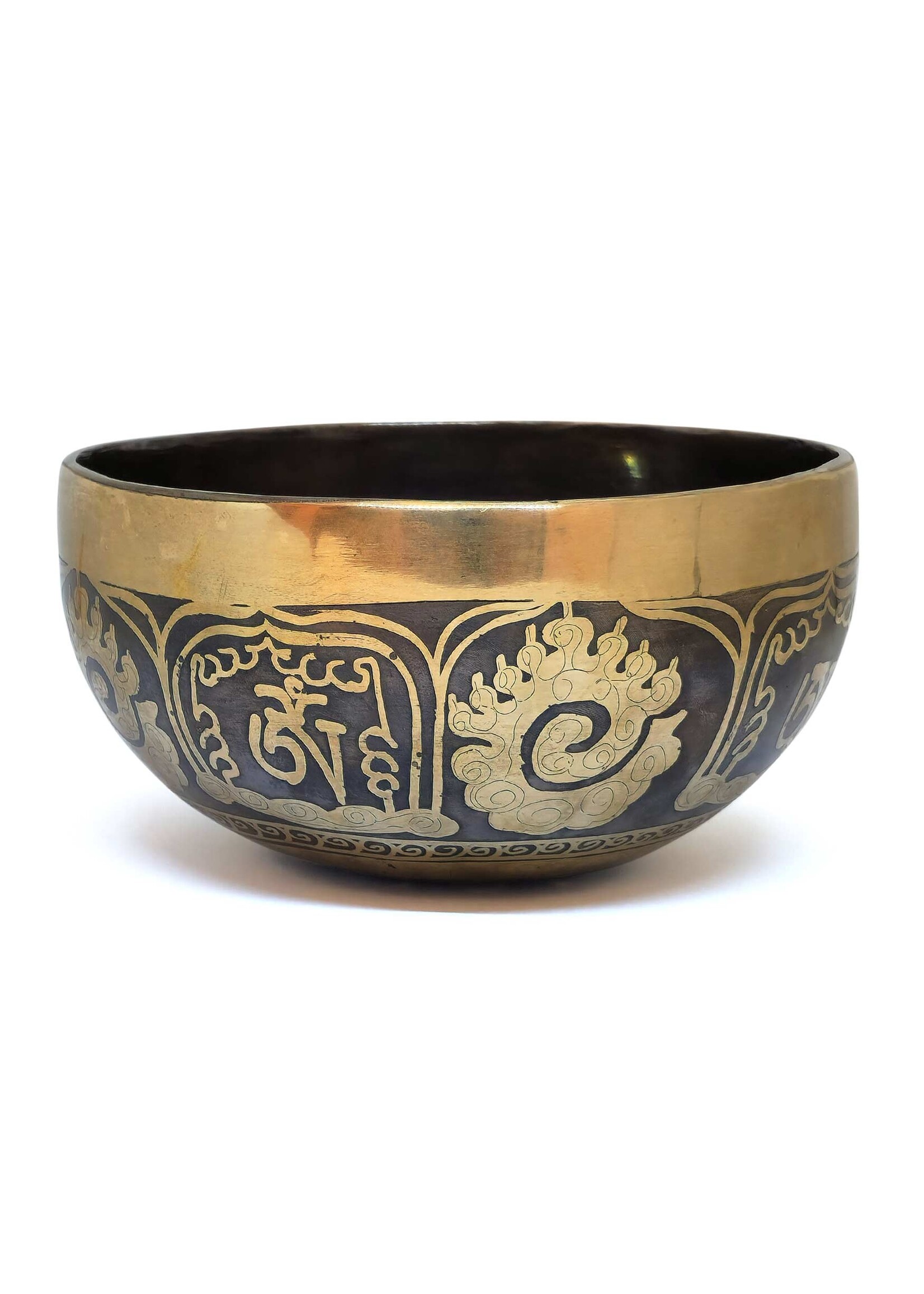 Tibetan Handcrafted Singing Bowl "Om Ah Hum Rhi" Mantra, 3-Piece Set, Ø 14cm, 460–500g