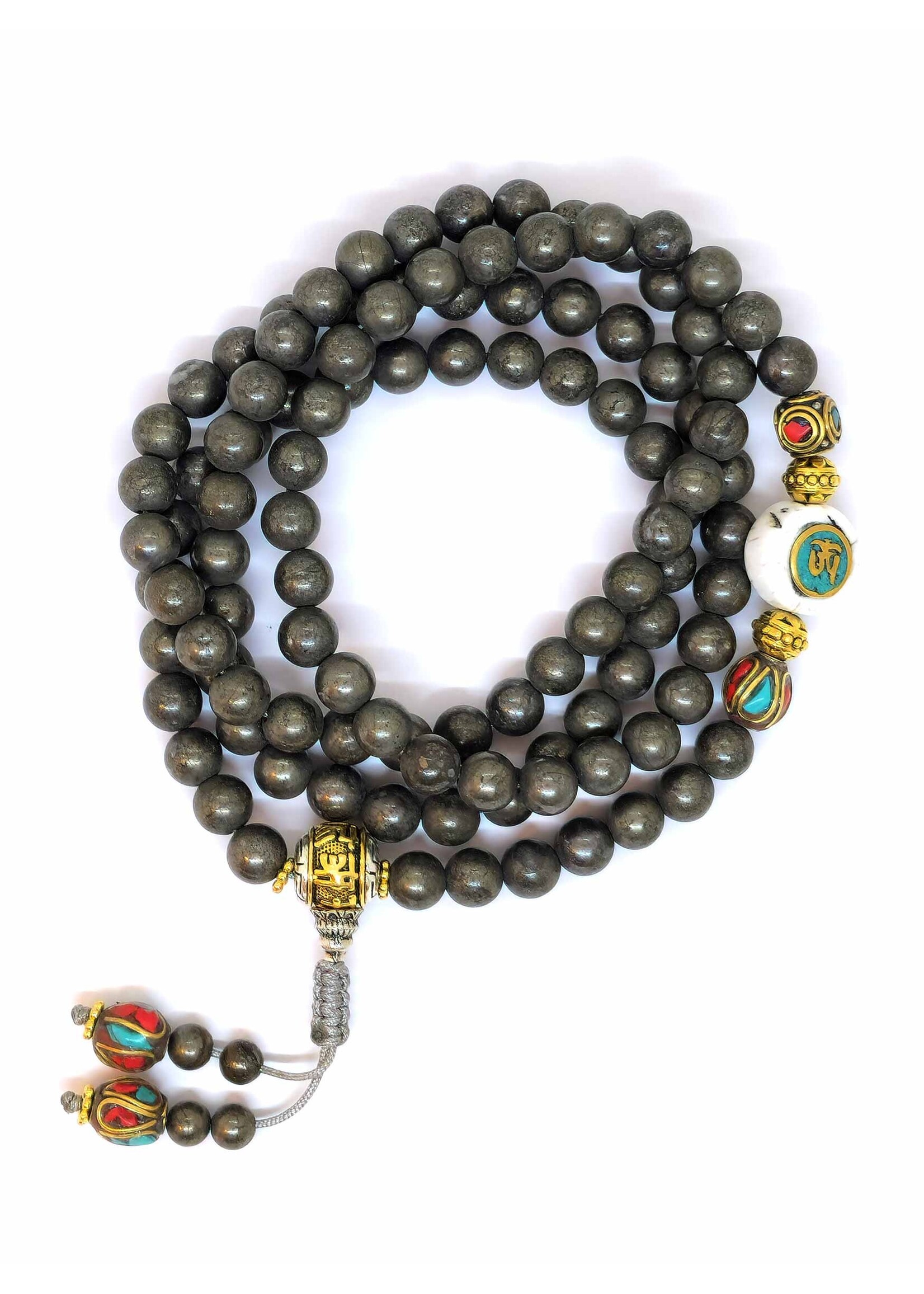 Rosario Tibetano Mala Pietra Pirite, 108 Perle, Conchiglia Om