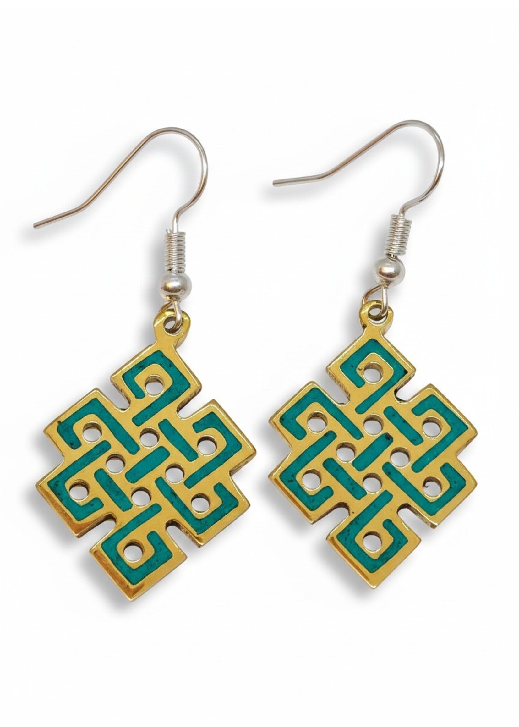 Boucles d'Oreilles Tibétaines Nœud Infini Turquoise Artisanales