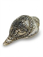 Trompette tibétaine en conque Double Dorje sculptée Dung-Kar