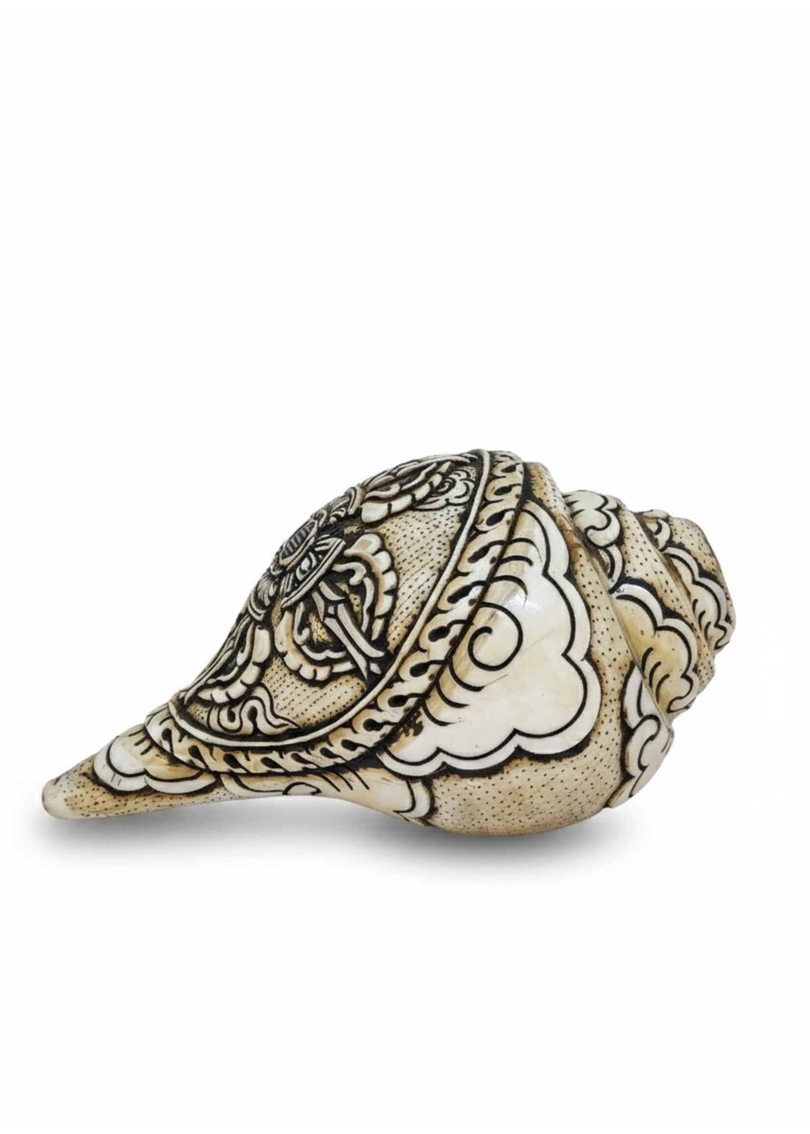 Trompette tibétaine en conque Double Dorje sculptée Dung-Kar