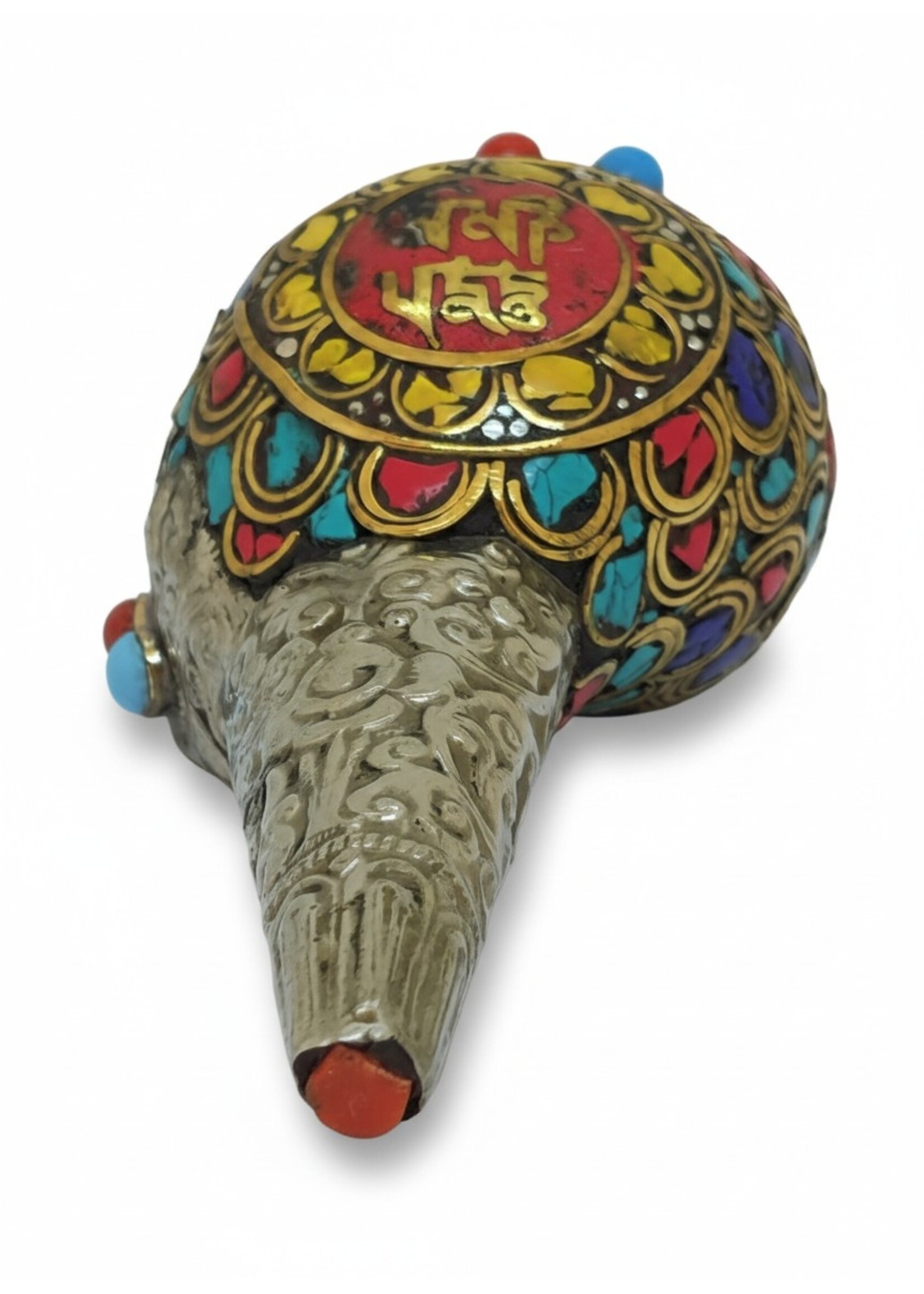 Tromba tibetana Mantra in conchiglia Shankha con pietre preziose
