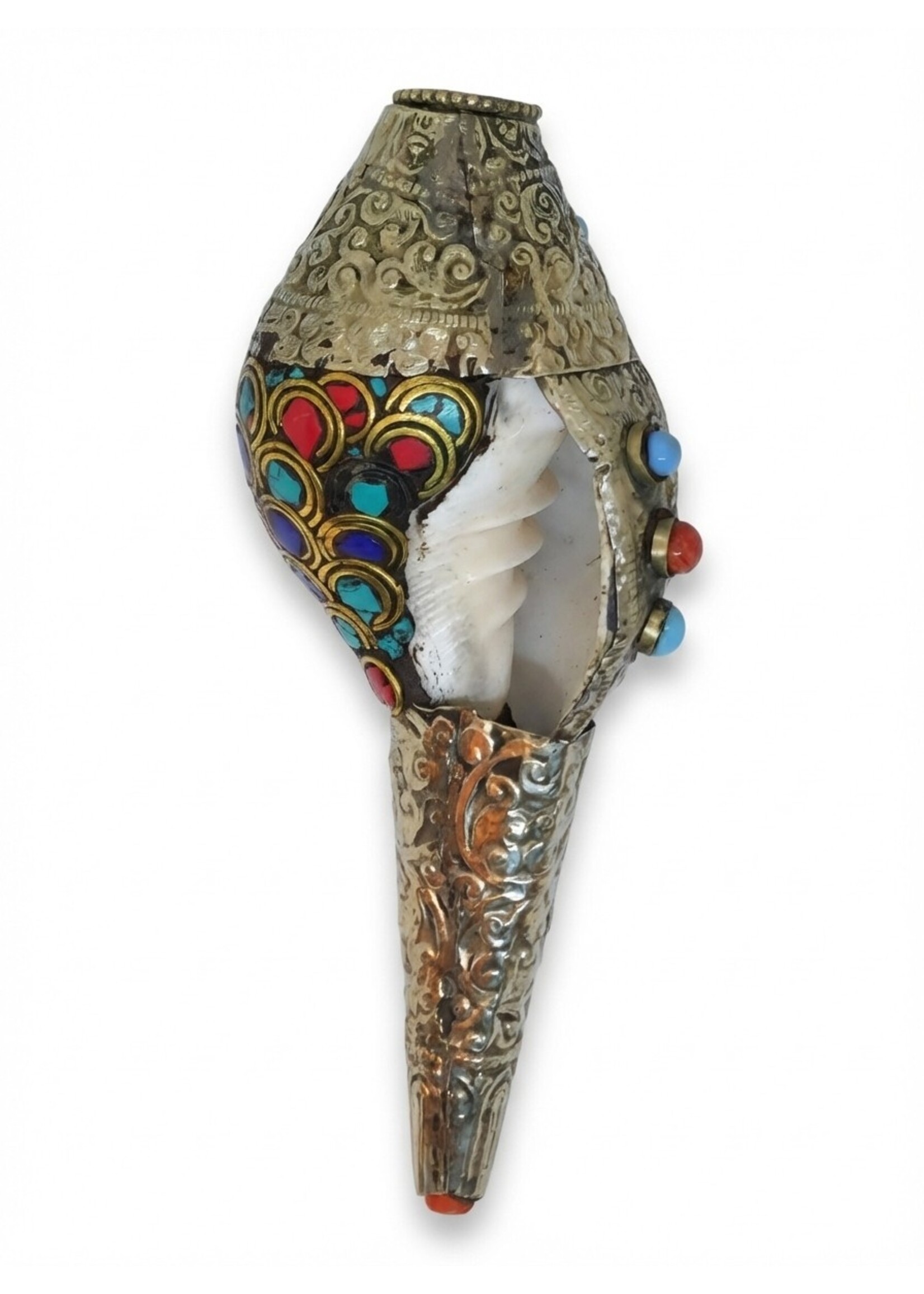 Tromba tibetana Mantra in conchiglia Shankha con pietre preziose