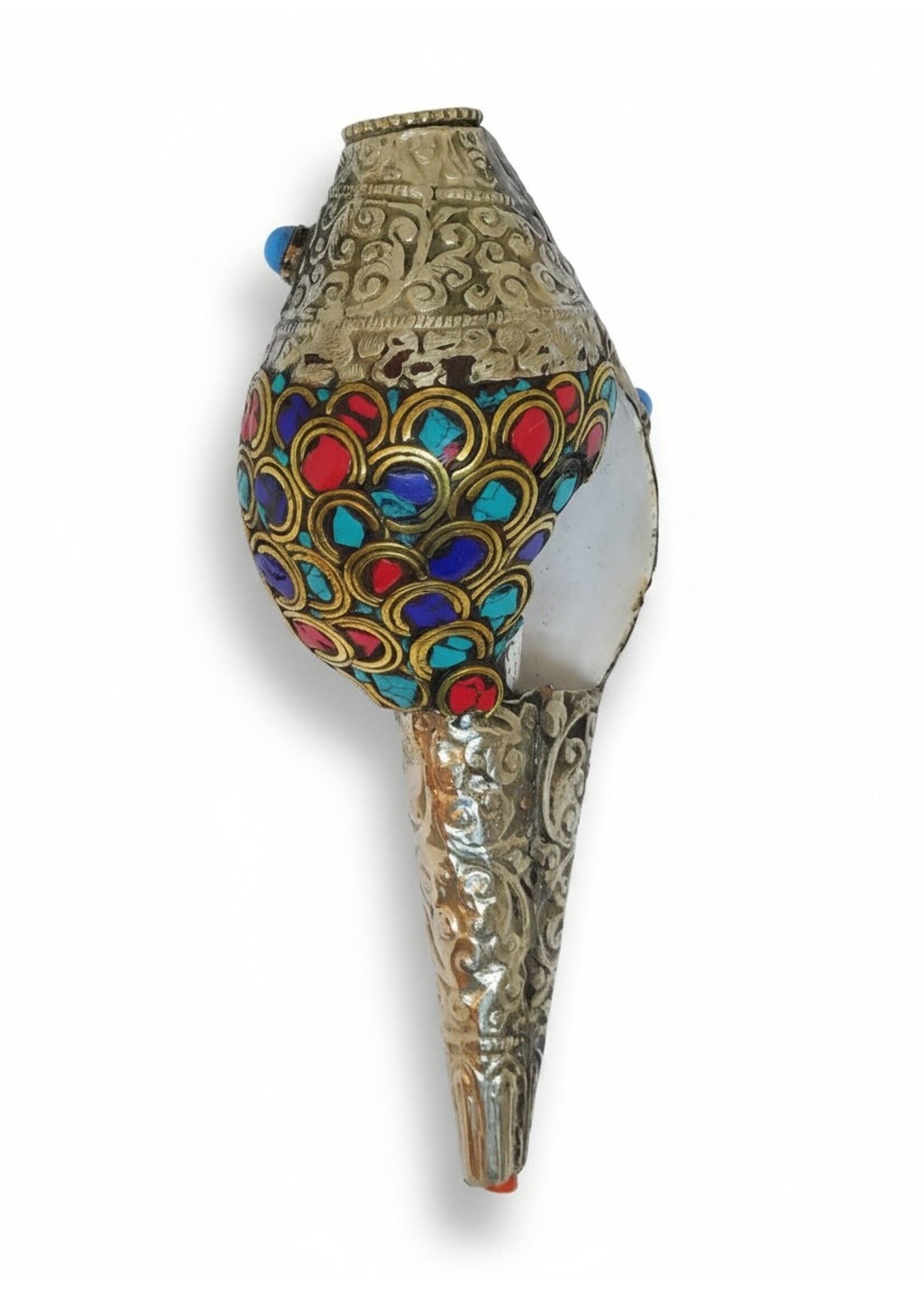 Tibetan Mantra Conch Trumpet Shankha with Gemstones