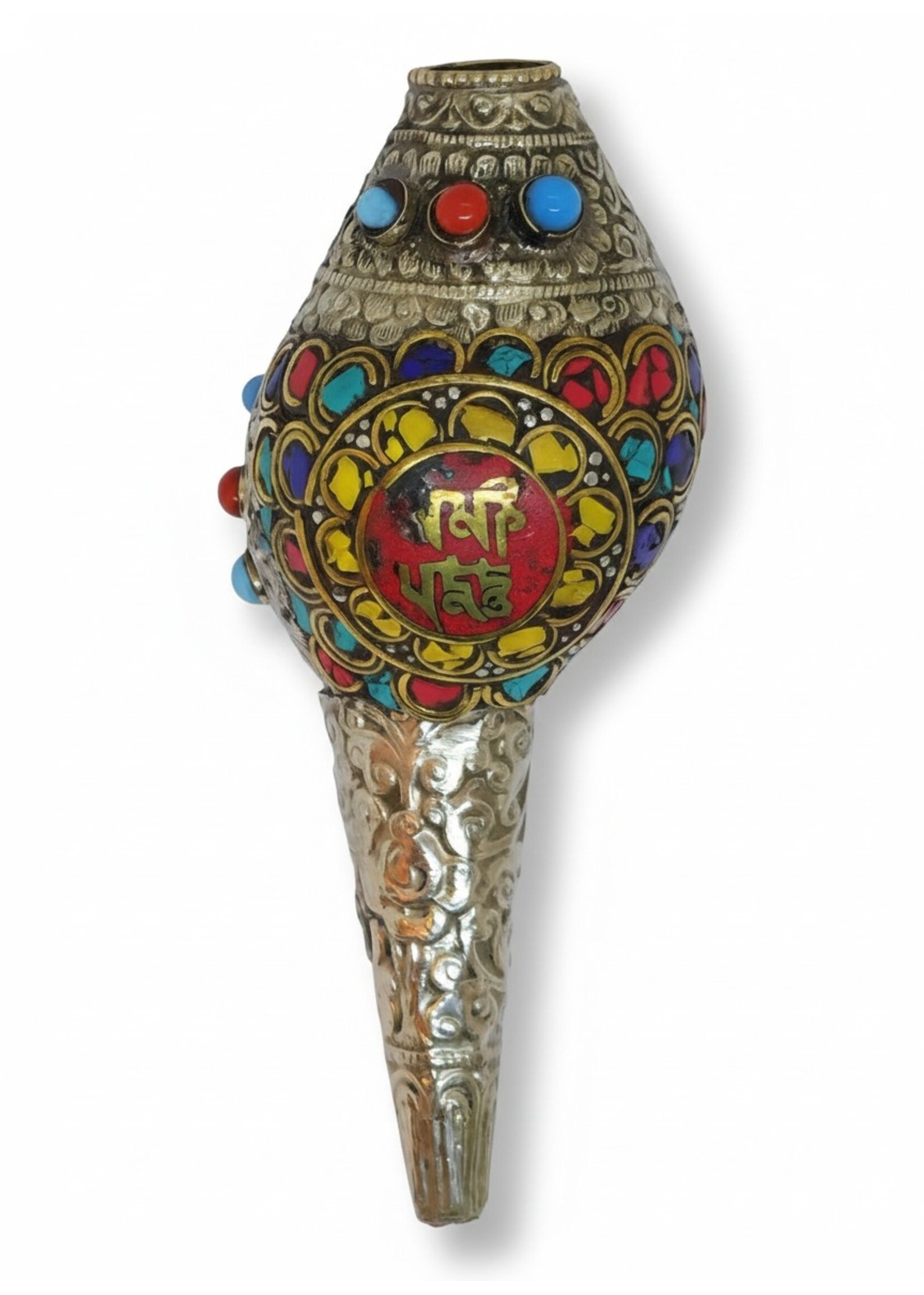 Tibetische Mantra Muscheltrompete Shankha mit Edelsteinen