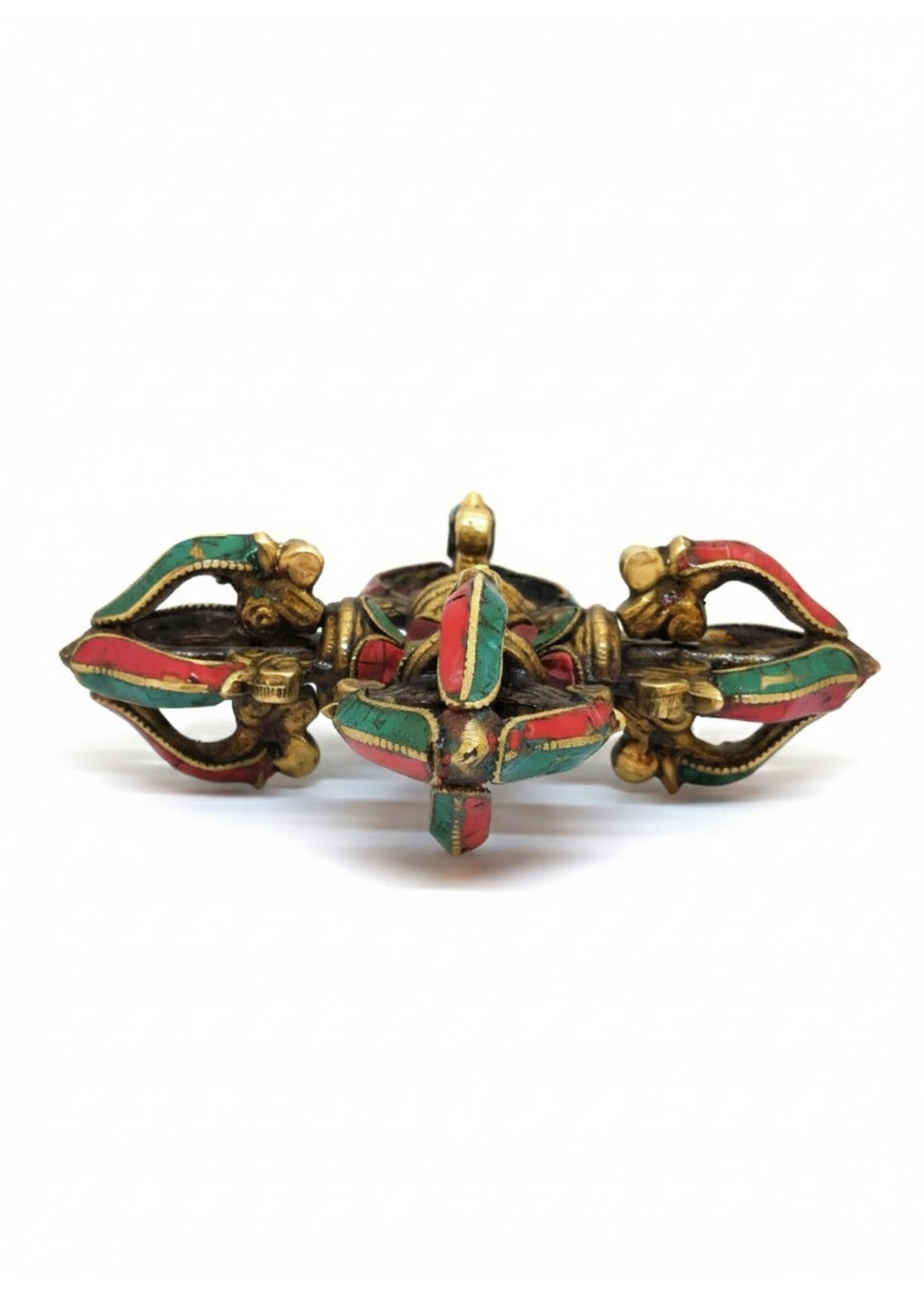Double Dorje tibétain Fleur en laiton avec incrustation de pierres
