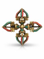 Doppio Dorje tibetano Fiore in ottone con intarsio di pietre