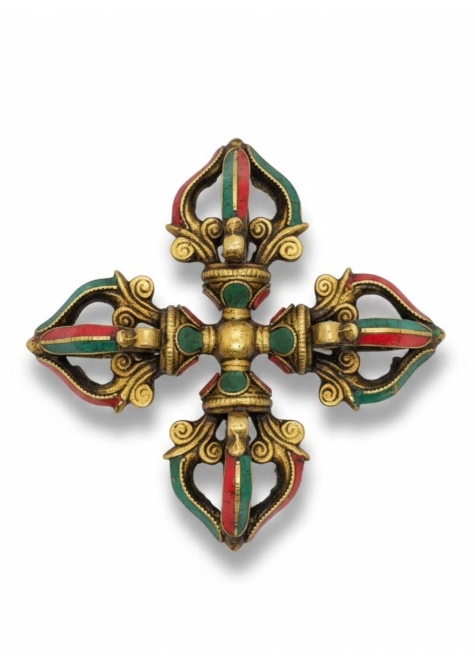 Double Dorje tibétain Fleur en laiton avec incrustation de pierres