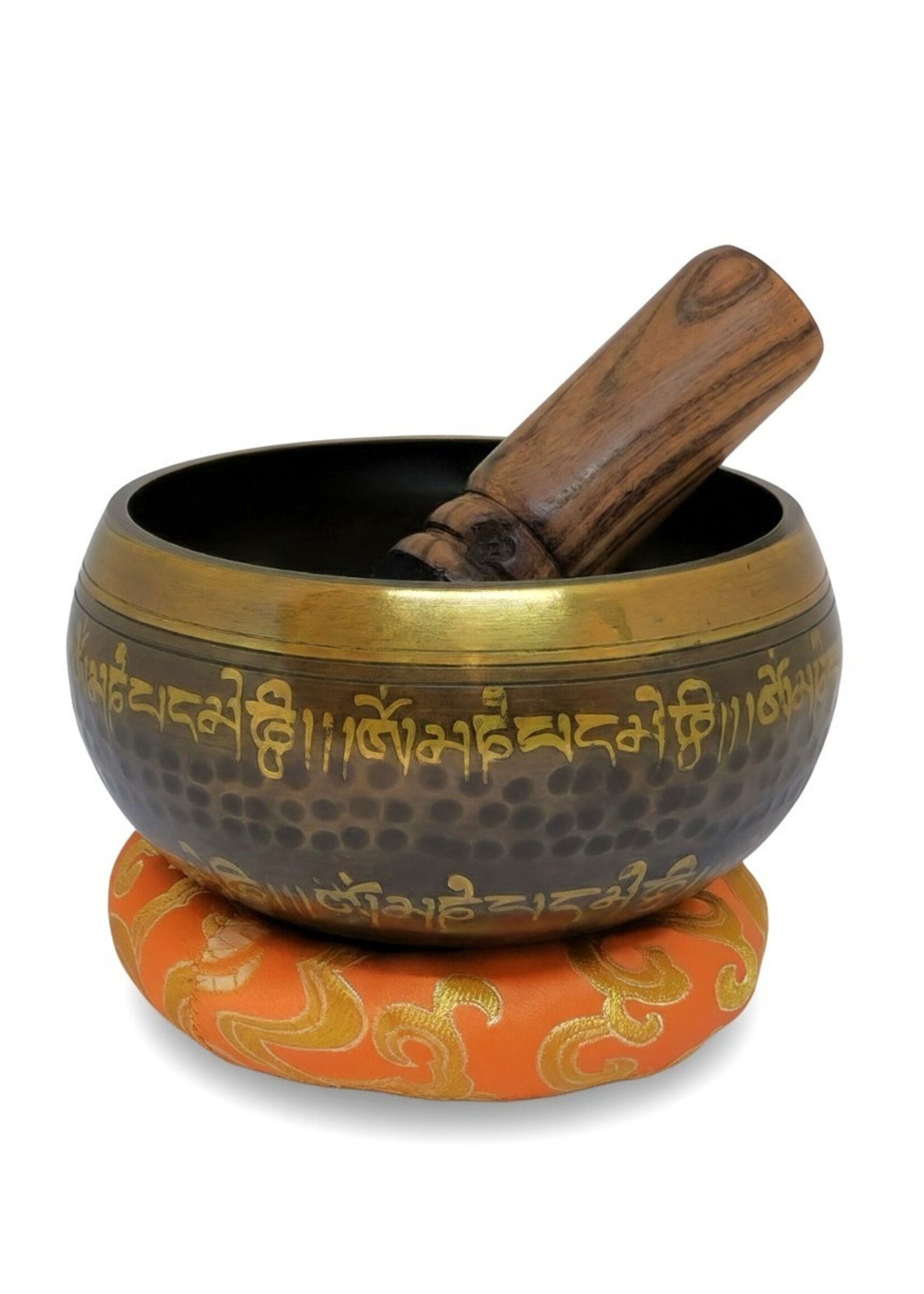 Tibetan Singing Bowl 3-Piece Set Brass Mantra Om Mani Padme Hum, Ø 11cm, 490g