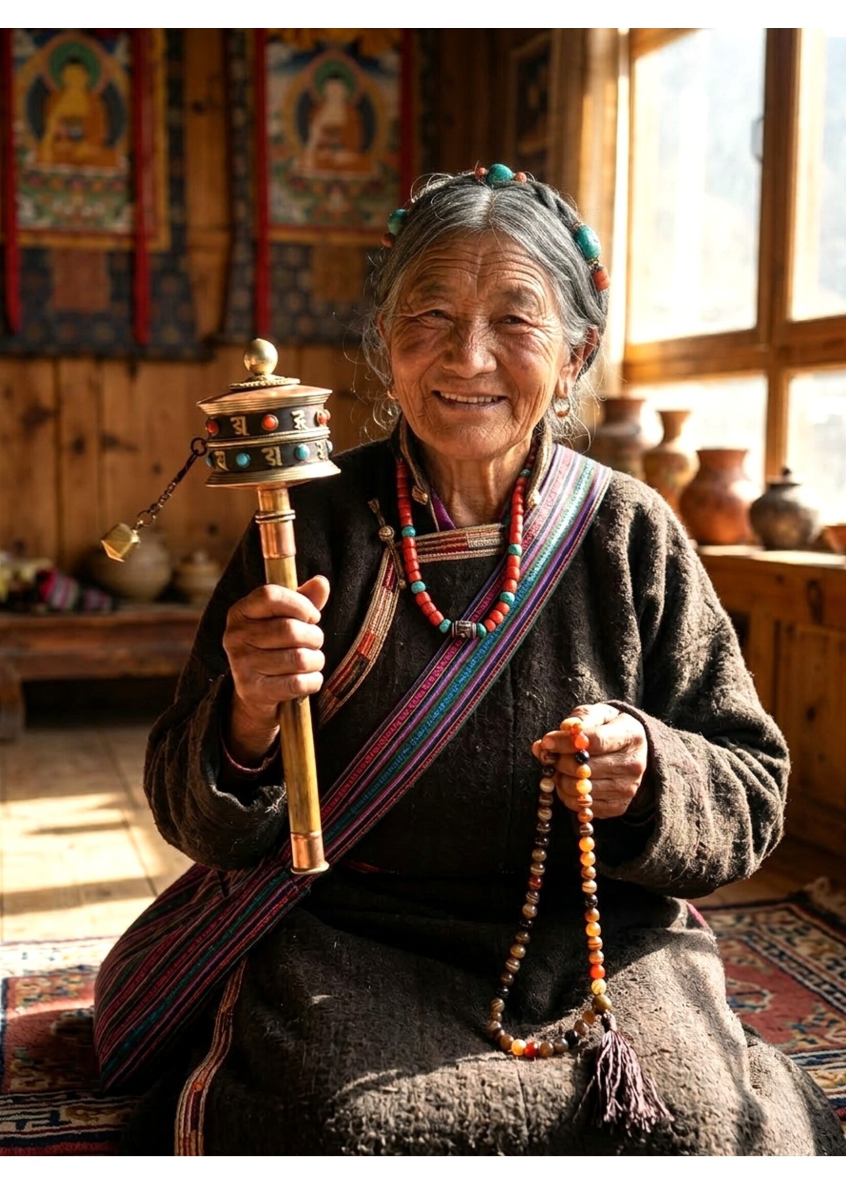 Tibetan handheld prayer wheel, adorned with mantra, 26cm