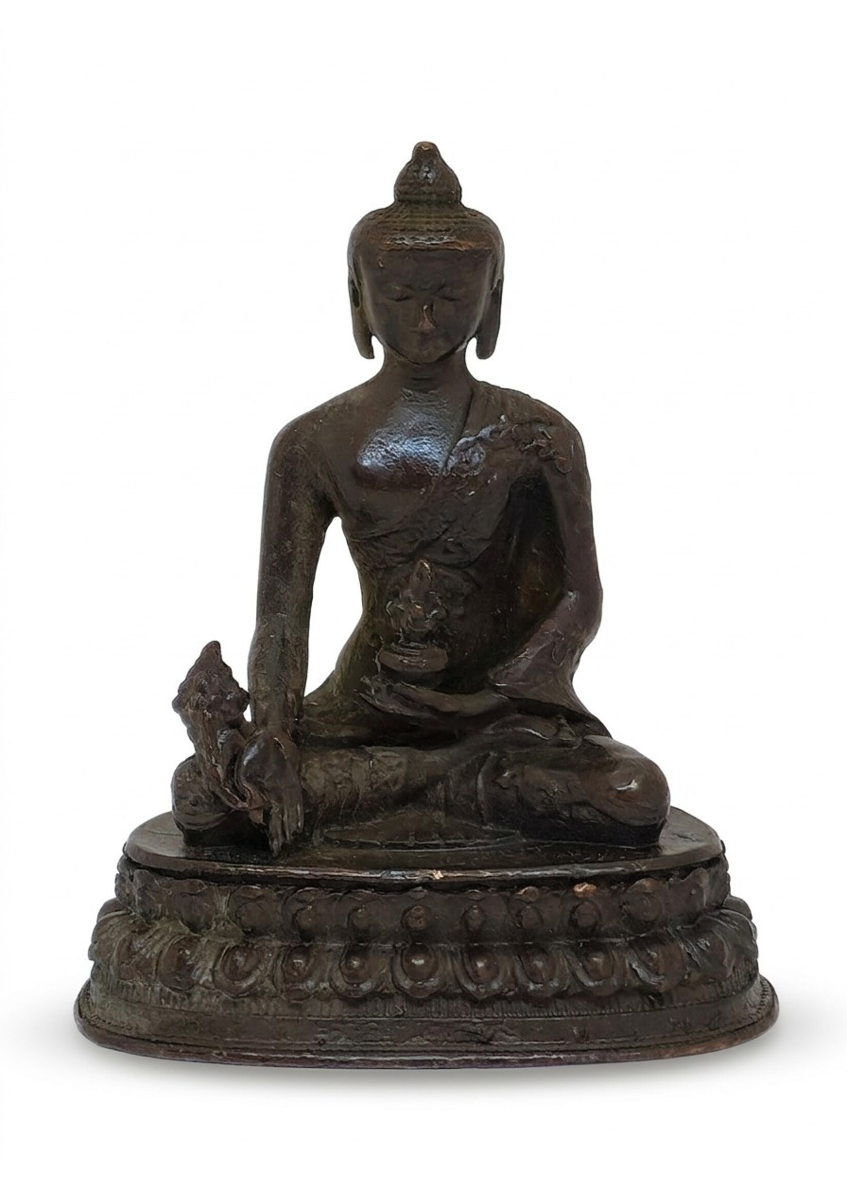 Medizinbuddha Statue Kupfer Vintage dunkelbraun