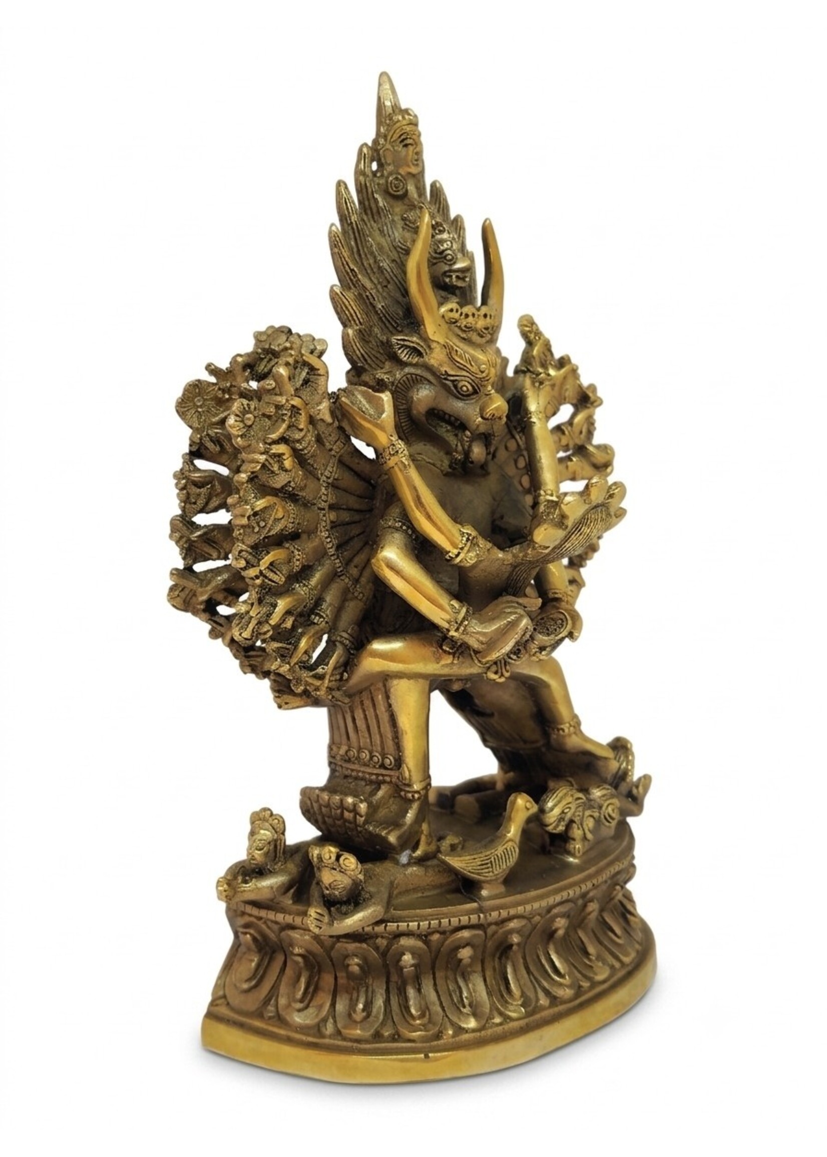 Tibetische Shinjé Shed Yab-Yum Statue aus Messing und Kupfer, Yamantaka und Vajravārāhī in Vereinigung, 18cm