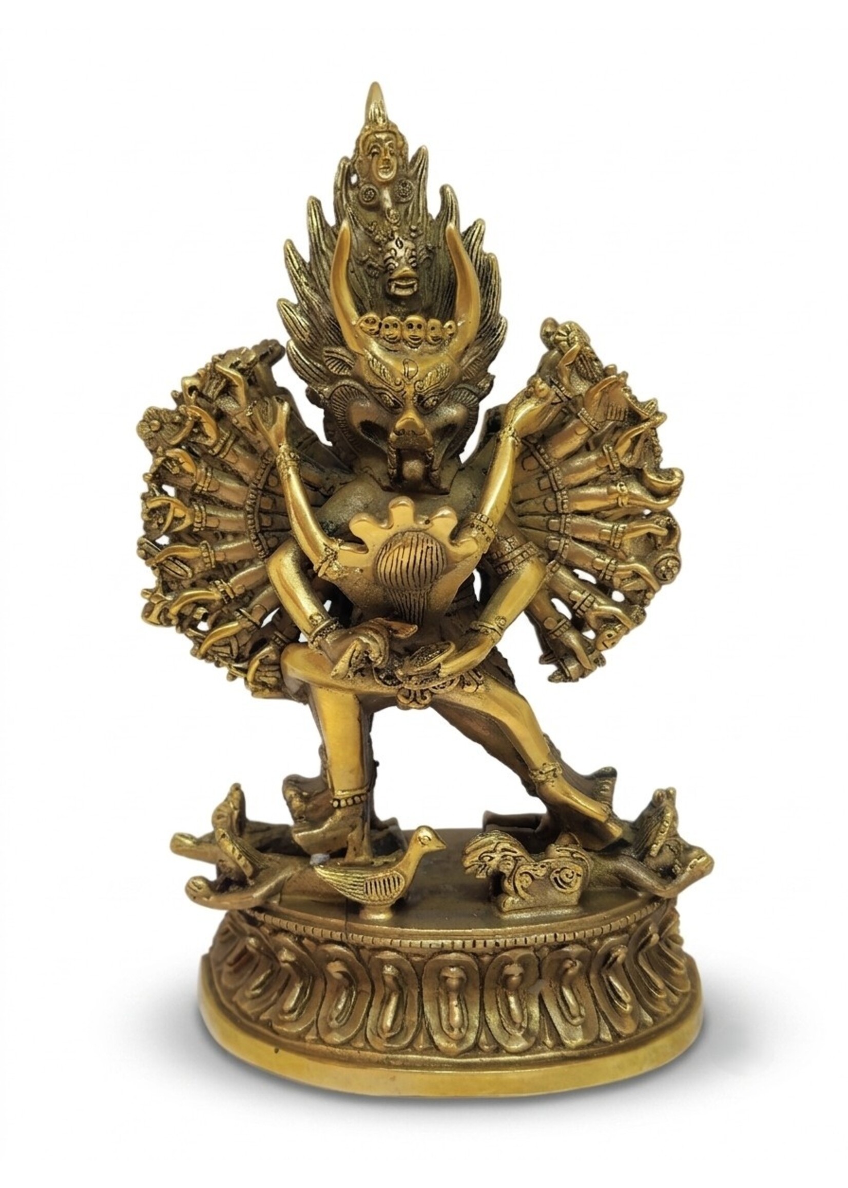Tibetische Shinjé Shed Yab-Yum Statue aus Messing und Kupfer, Yamantaka und Vajravārāhī in Vereinigung, 18cm