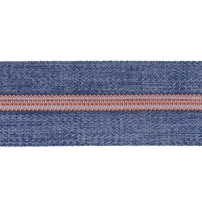 Nylon Zipper-by-the-yard Denim look Blue with Rose gold