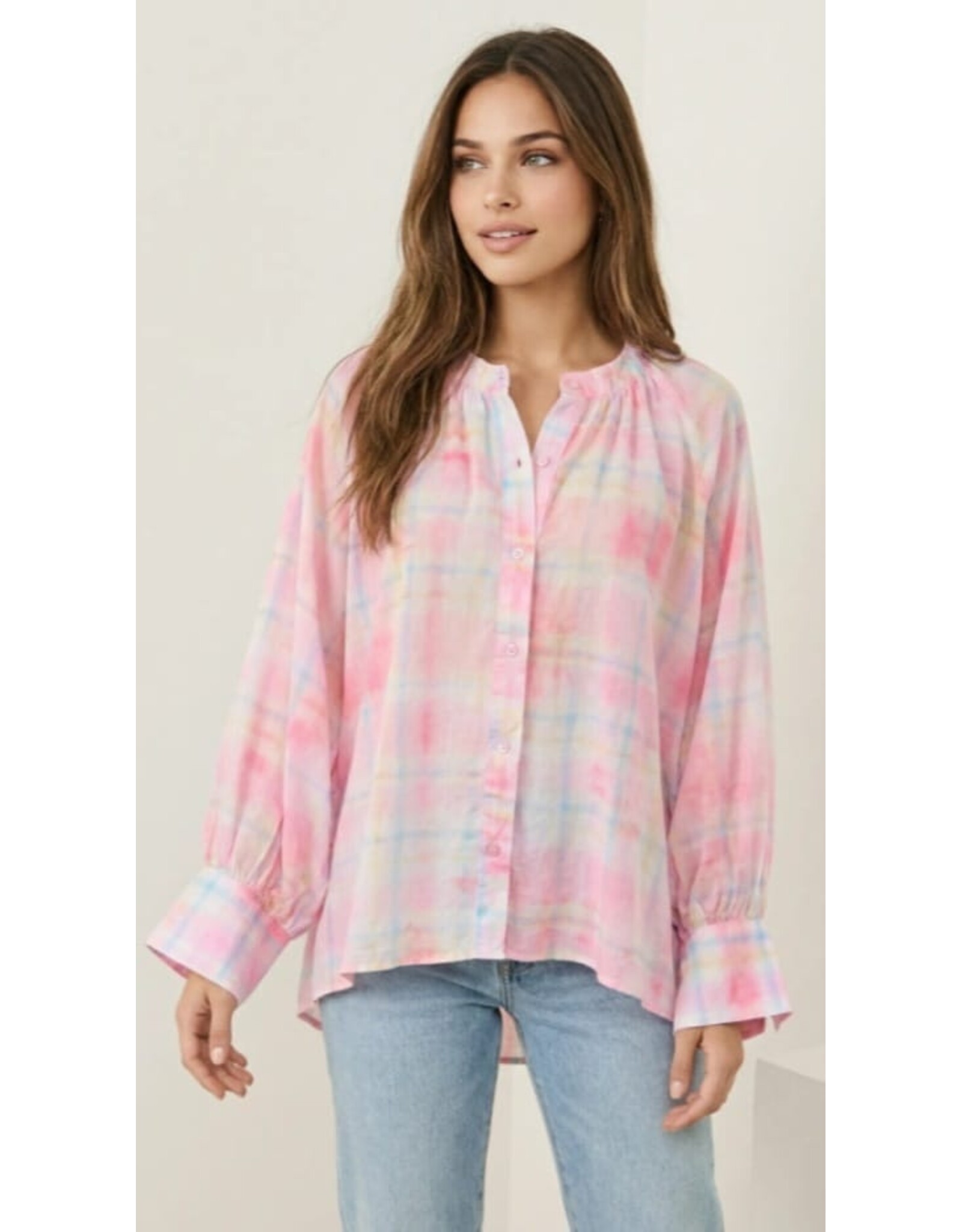 BY ELLE ET MOI BLOUSE ROOS EN BLAUWE RUITEN