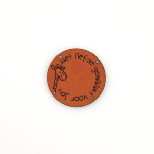 Leren label Giraffe 'Met liefde gemaakt voor jou' rond 35mm Chestnut - 2 stuks
