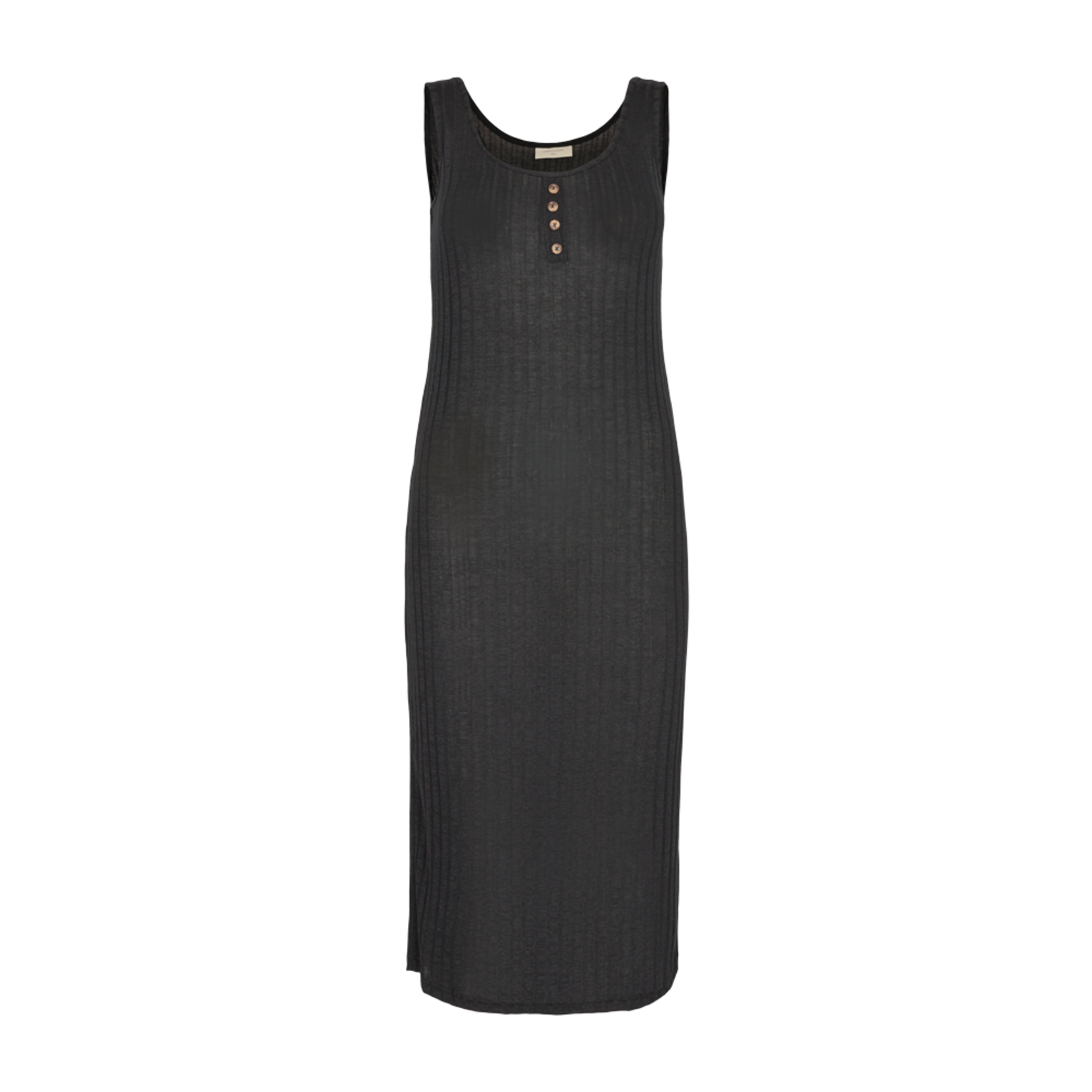 Free/quent Midi tot Maxi dress, ribbel, zwart, met knoopjes! Long Black Dress by Freequent