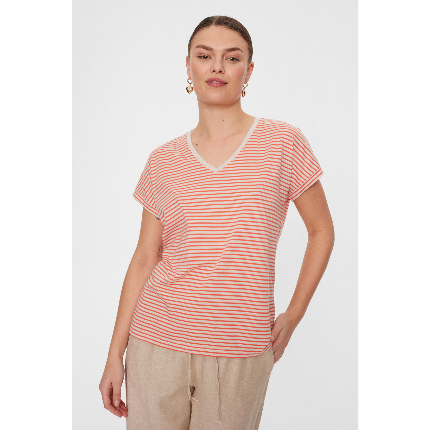 Free/quent Tshirt met strepen: moonbean met hot coral