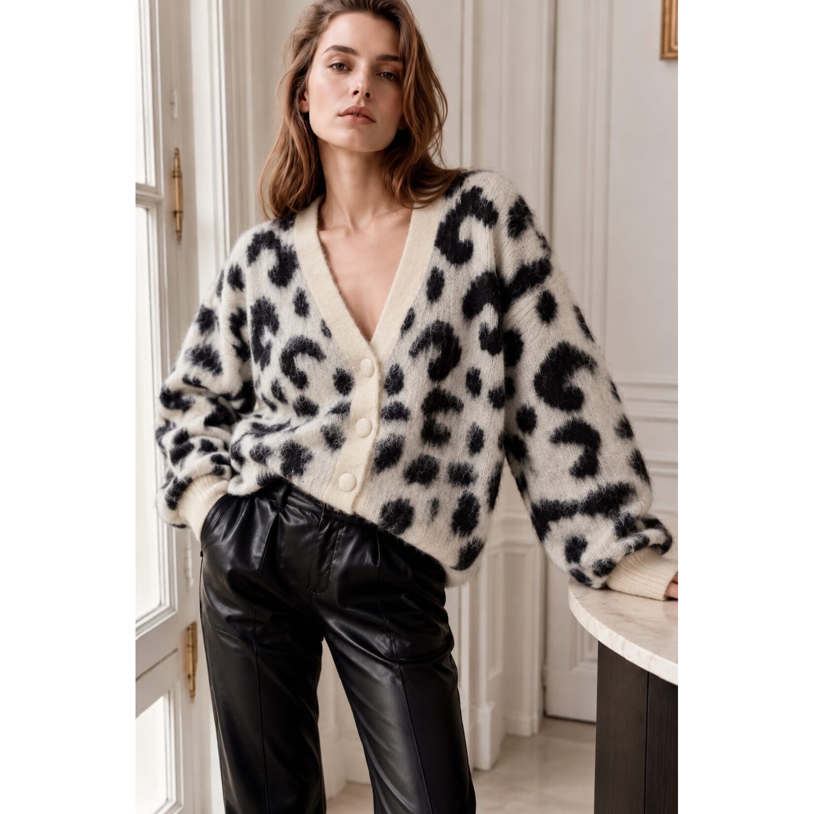 Graciela Paris Zachte cardigan met luipaardprint zwart-crème