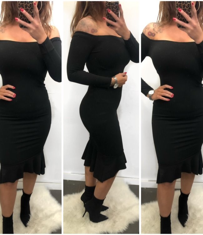 bardot frill hem midi dress