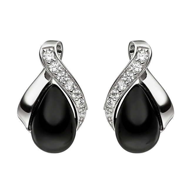 Aurora Patina Silver ear studs onyx droplet and zirconia