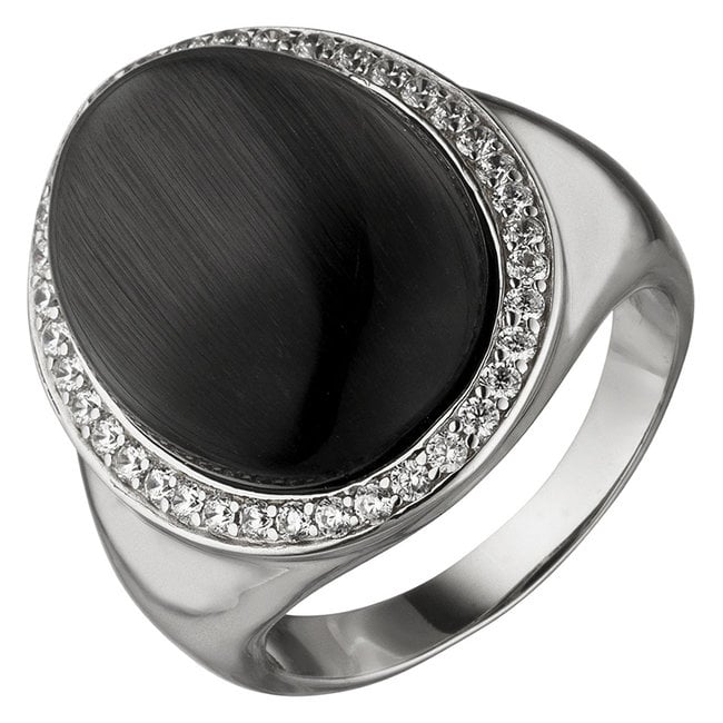 Aurora Patina Silver ring black stone and zirconia