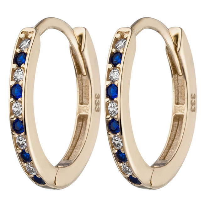 Oval golden creoles with zirconia in white and blue