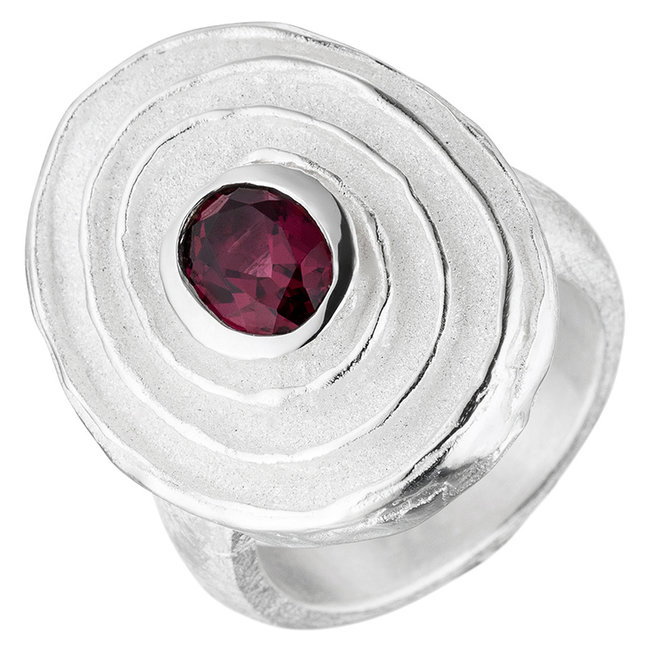 Silver ring matted with red rhodolite gemstone