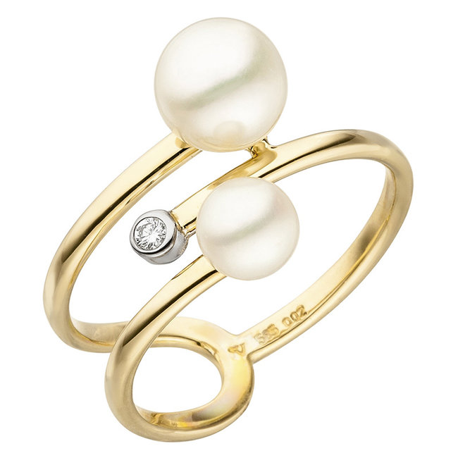 Aurora Patina Gold ring with pearl and brilliant cut diamond