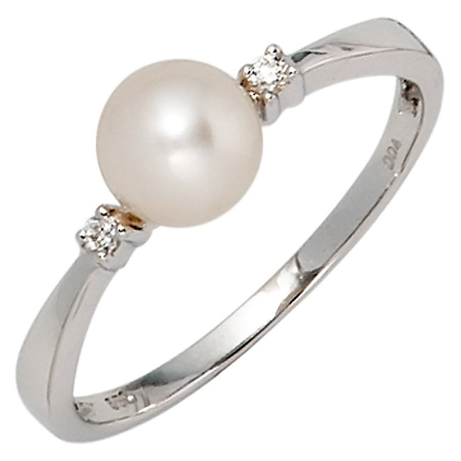 Weißgold Ring 14 Karat mit Süßwasser Perle und 2 Brillanten